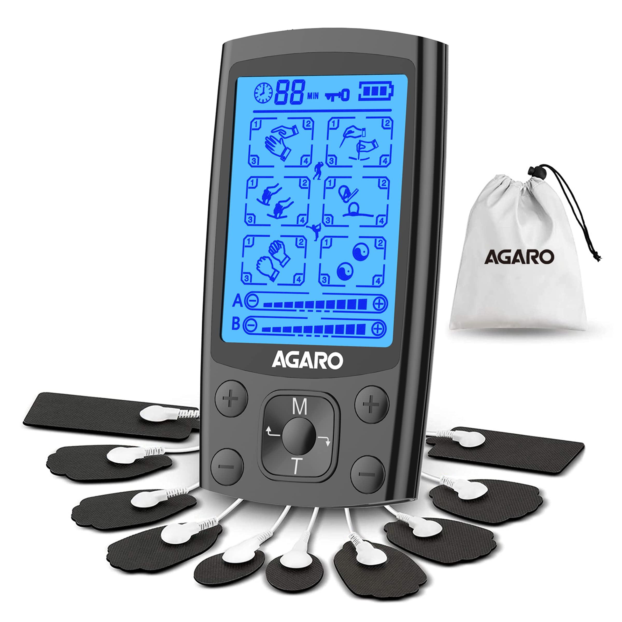 AGARO Dual Channel TENS Massager TM2421 | 24 Modes, 20 Intensity Levels | Rechargeable | Full Body Muscle Relaxation Device | 10 Gel Pads Included