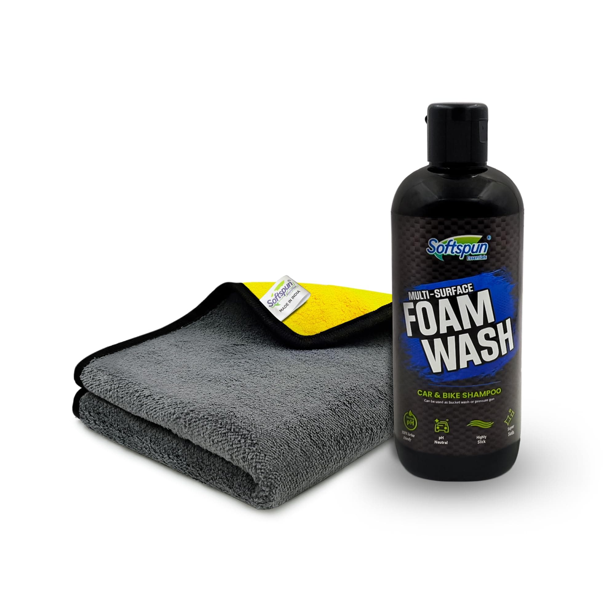 SOFTSPUN Microfiber & Car Shampoo Combo | 600gsm 30x40cm 1Pc Yellow/Grey+300mL Car & Bike Premium Liquid Shampoo | Thick Foam Removes Tough Dirt & Grime | pH Neutral | Works with Bucket & Foam Cannon.