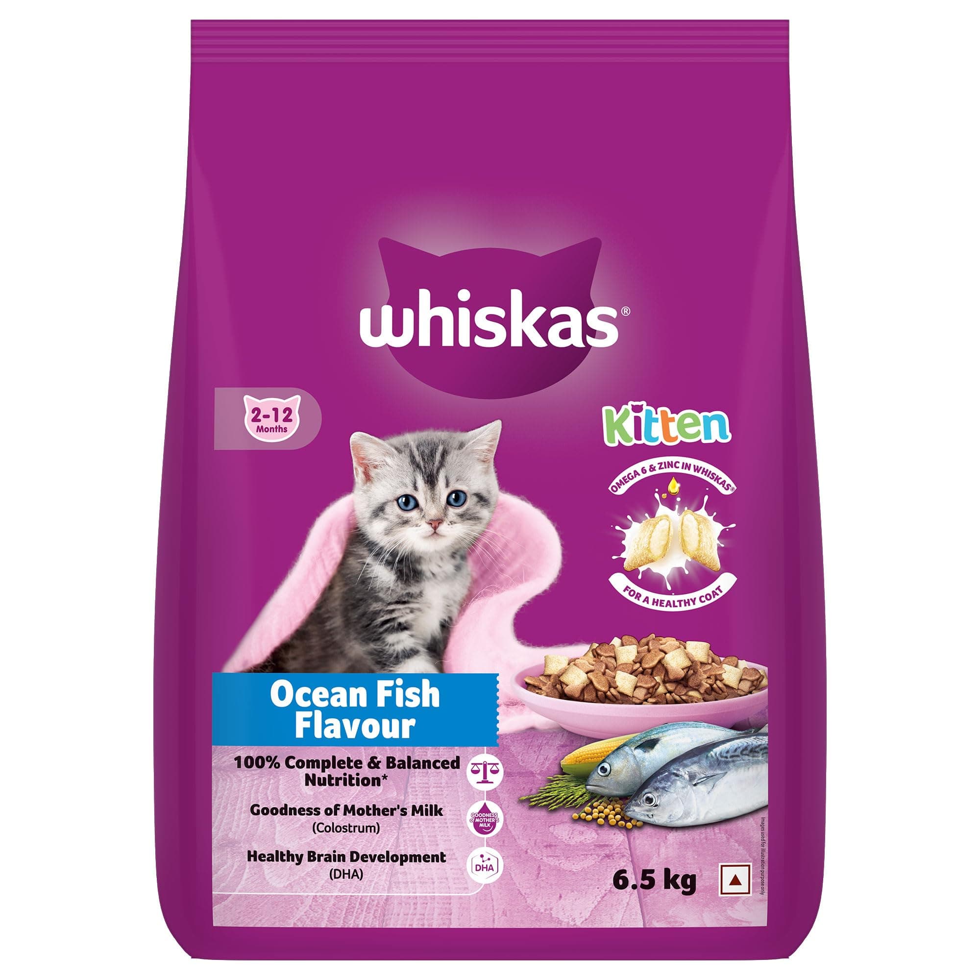 Whiskas Junior Mother Cat & Kitten (2-12 Months) Dry Cat Food, Ocean Fish Flavour, 6.5 kg, Contains 41 Essential Nutrients, Complete & Balanced Nutrition for Mother Cats & Kittens