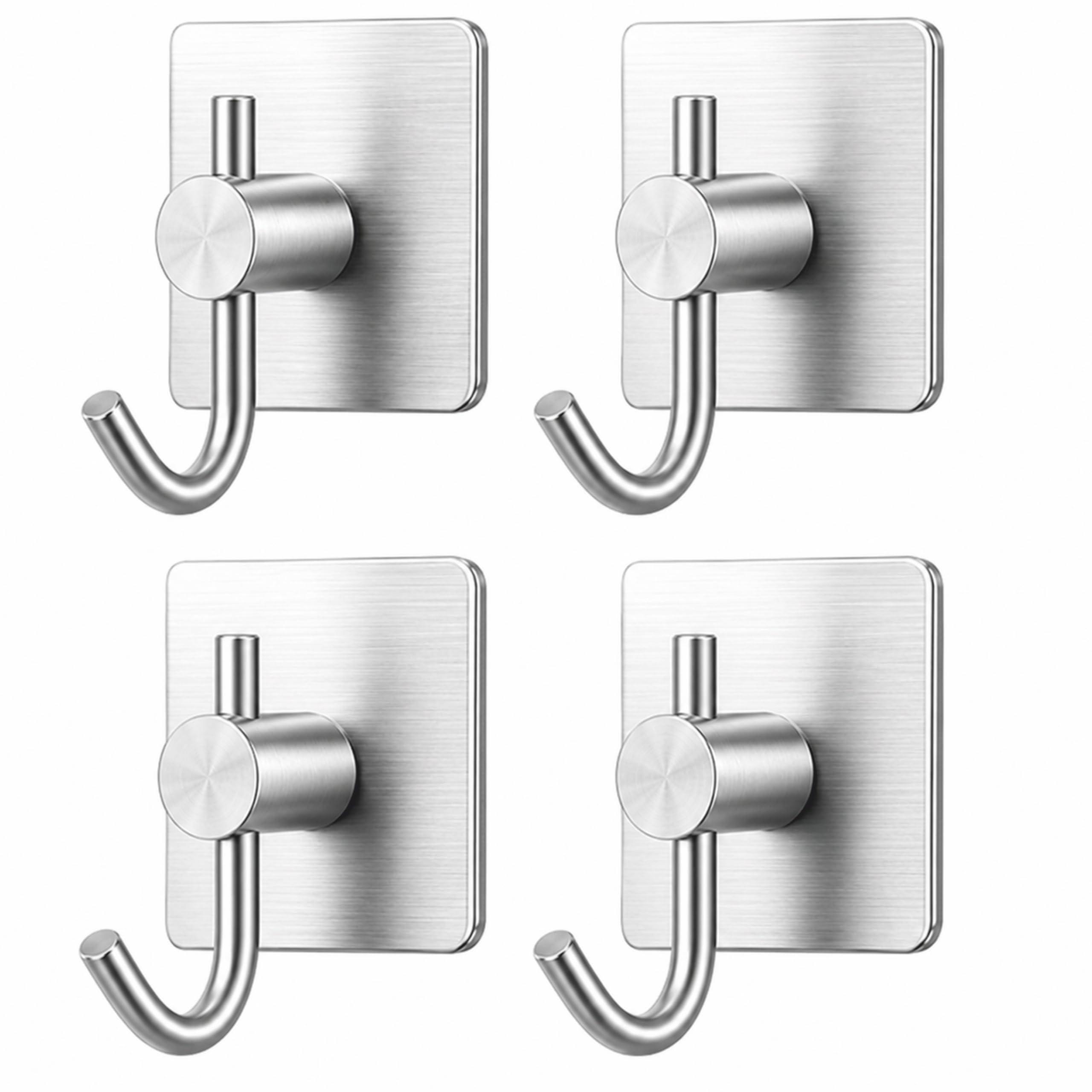 JIALTO 4 pcs Self-Adhesive Stainless Steel Hooks: Heavy-Duty Wall Hanging Solution for Bathroom & Kitchen - Waterproof, Drill-Free, Strong Coat/Towel Wall Hooks (Big Square Silver Hook)