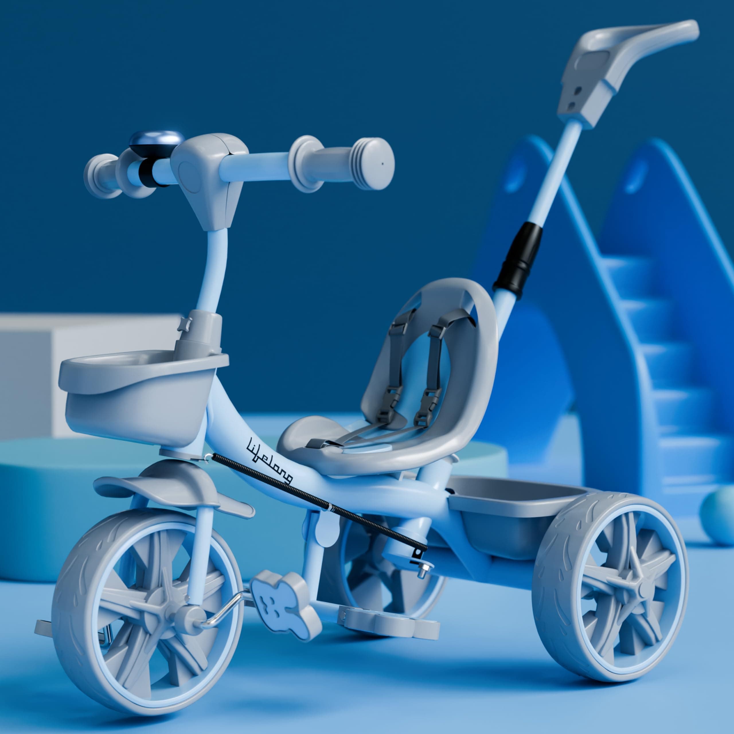 Lifelong Trike Cycle for Kids Cycle 2-5 Y - Tricycles for Boy & Girl - Bike with 3 EVA Wheels, Bell & Basket -Durable Tricycle with Parental Control 30Kg Capacity (Blue & Grey)