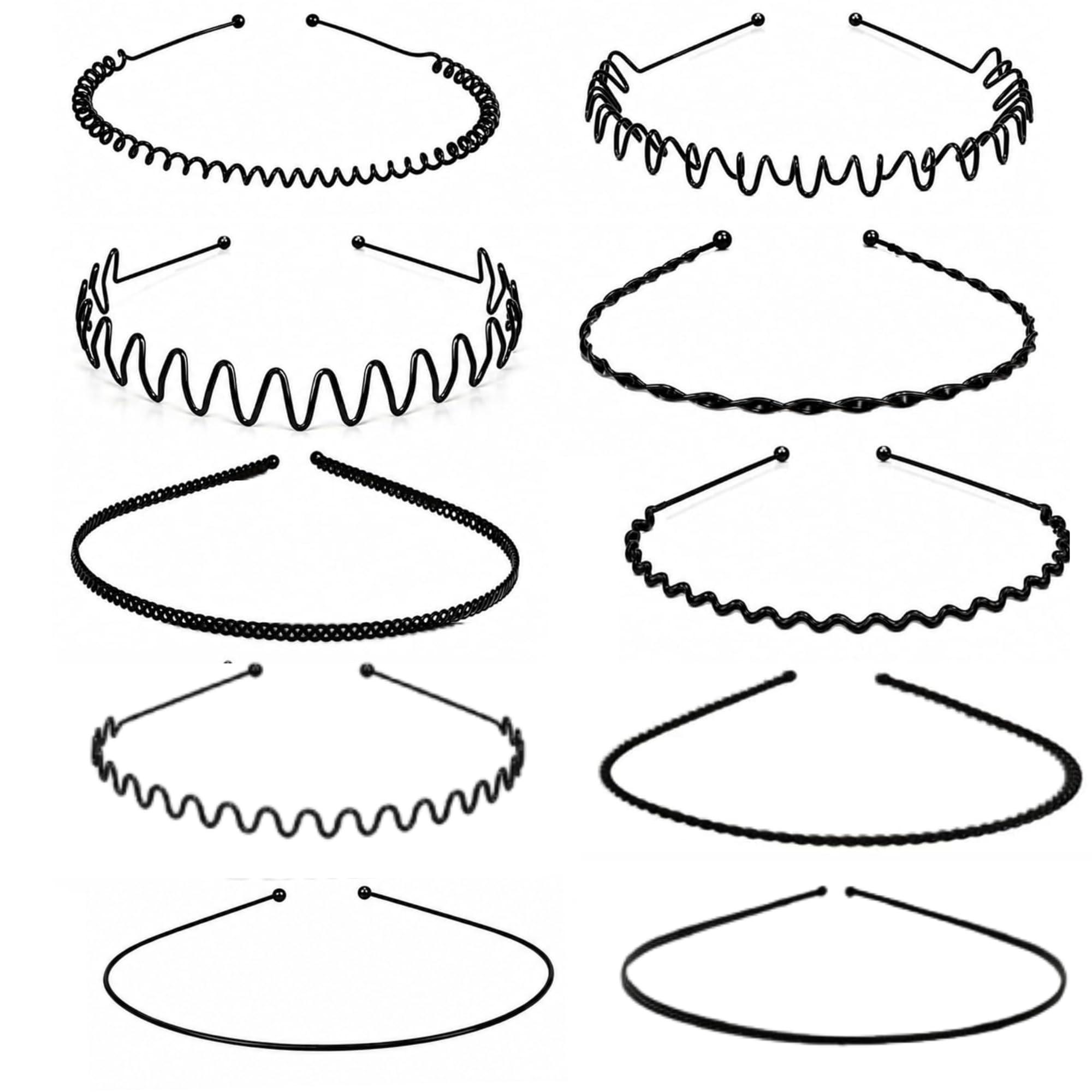 KLNEEDS Black Metal Hair Band for Men – 10 Pcs Thin Wavy Non-Slip Adjustable Headbands for Women & Boys, Sports, Gym, Yoga, Running & Face Wash