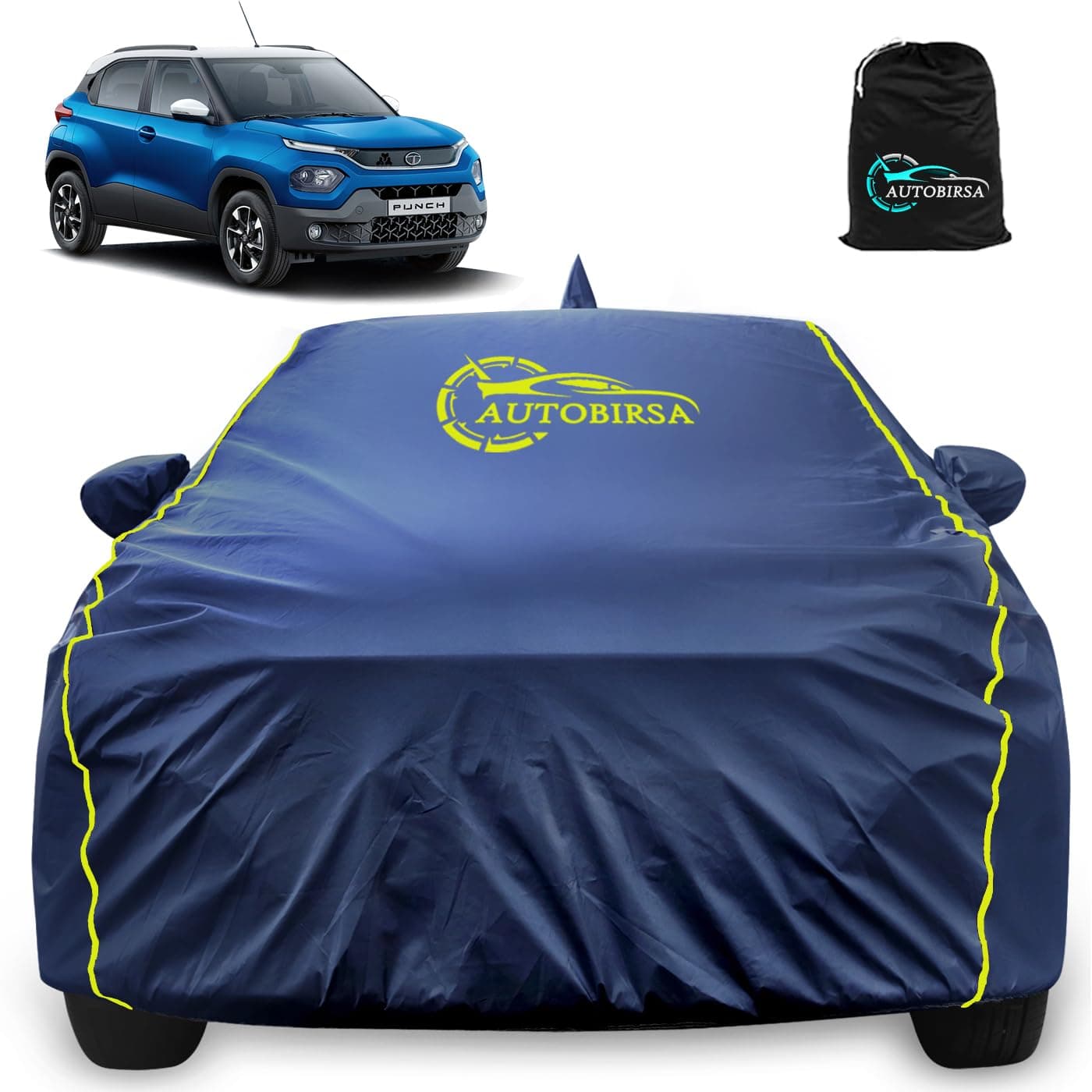 Autobirsa Waterproof Car Body Cover for Tata Punch 100% All Weather Proof with Mirror Packet & Full Bottom Elastic, Triple Stitching with 100% Nail Proof Cover Navy Blue