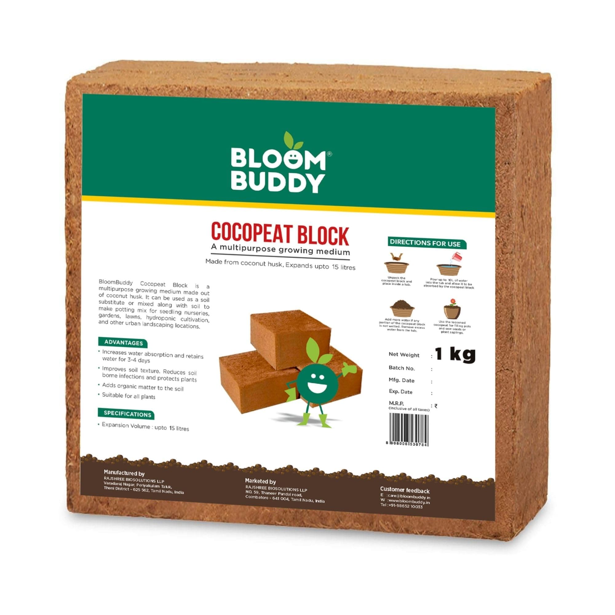 Bloom Buddy Cocopeat (1 Kg Block, Expands to 3.5 Kgs Loose Cocopeat) Natural Coconut Fiber, Organic Growing Medium for Home Gardens, Indoor Plants, and Soil Conditioner