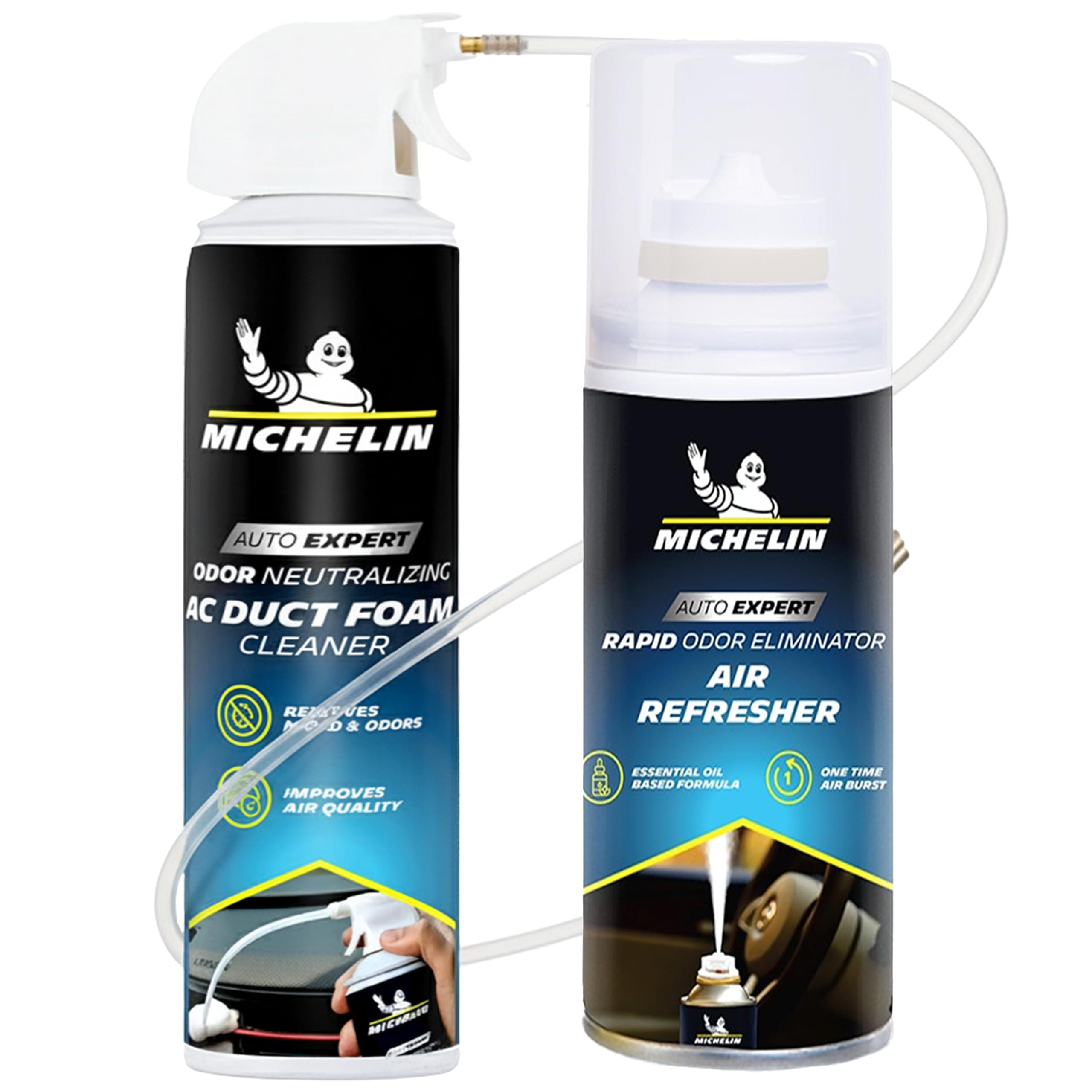 MICHELIN AC Duct Cleaner (350ml) & Air Refresher (100ml) Combo | Complete Car Cabin Air Treatment Kit | Cleans AC Vents, Eliminates Odours & Refreshes Interior | One-Time Smoke Air Freshener