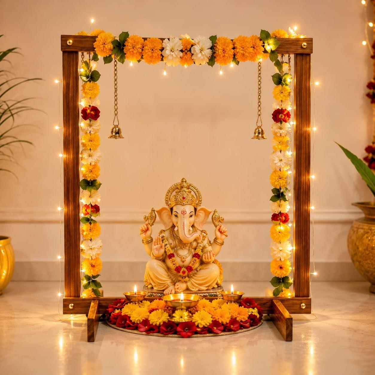 Foldable Wooden Mandap for Ganpati Decoration | Folding Ganpati Mandap for Home Pooja, Ganesh Chaturthi, Janmashtami, Navratri & All Festival Decoration | Wooden Backdrop Stand (Brown) (30 × 30 Inch)