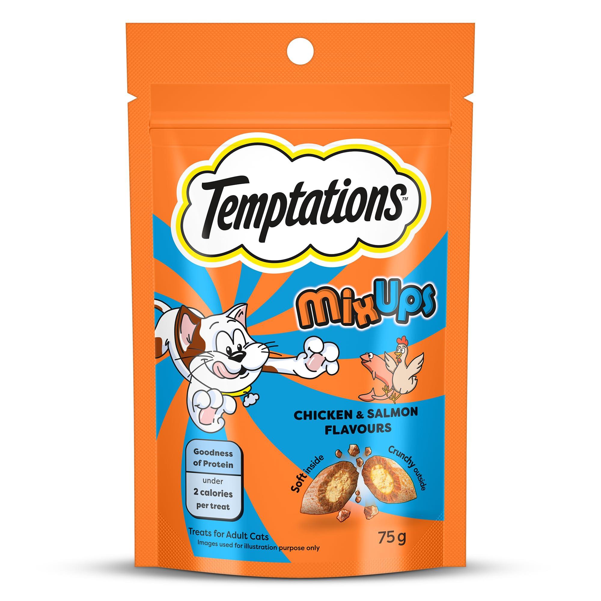 Temptations MixUps Cat Treats, Chicken & Salmon Flavours, 75g – Two Irresistible Flavours in One Pack, Crunchy Outside Soft Inside, Goodness of Protein, Vitamins & Minerals, Resealable Pouch​