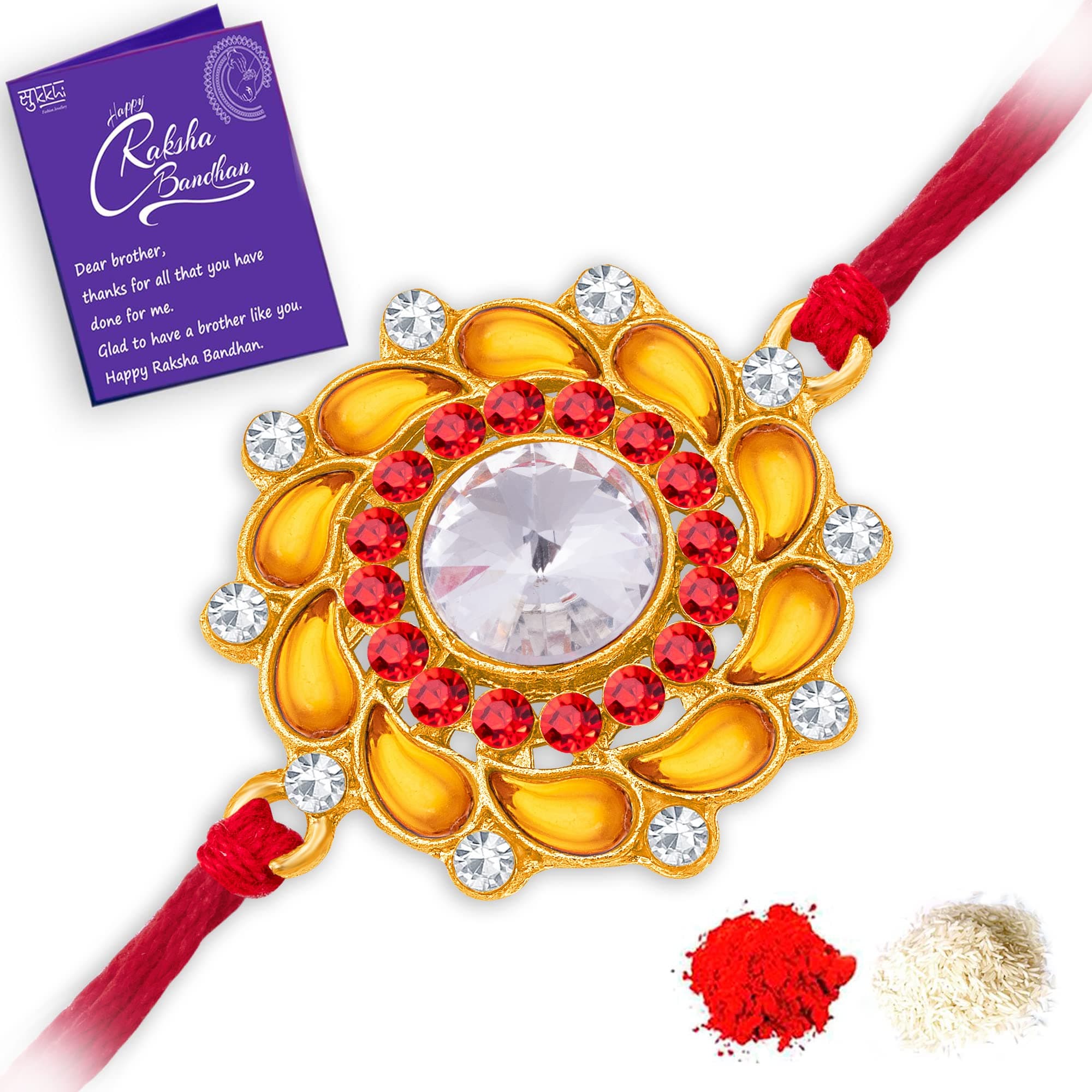 Sukkhi Mens Rakhi for Brother Glam Kundan Designer Gold Plated with Roli Chawal & Greeting Card|RAK104509