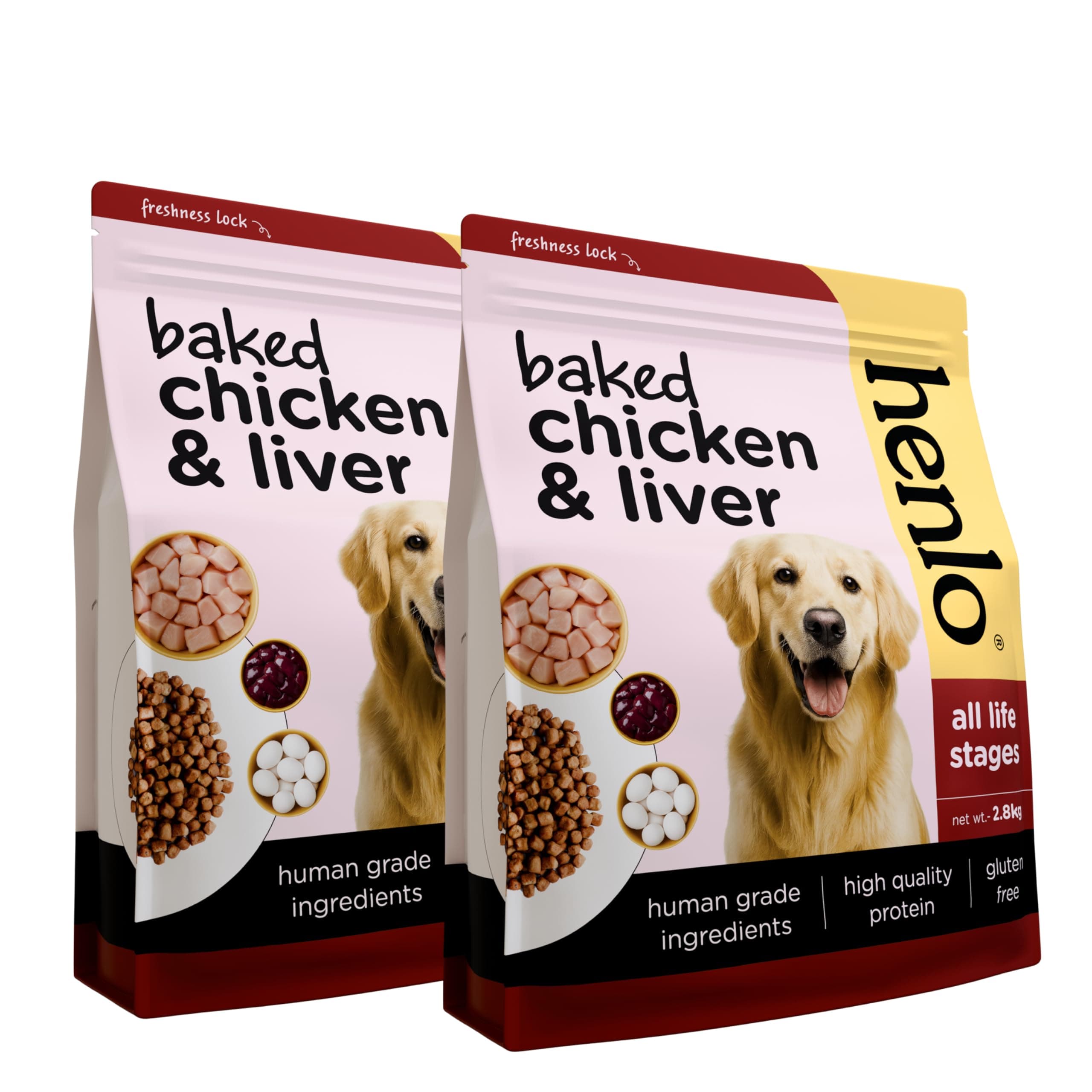 Henlo Baked Chicken & Liver Dry Dog Food | 100% Human Grade Ingredients | 5.6KG (2.8KG x 2)| Dry Food for Adult Dogs & Puppies