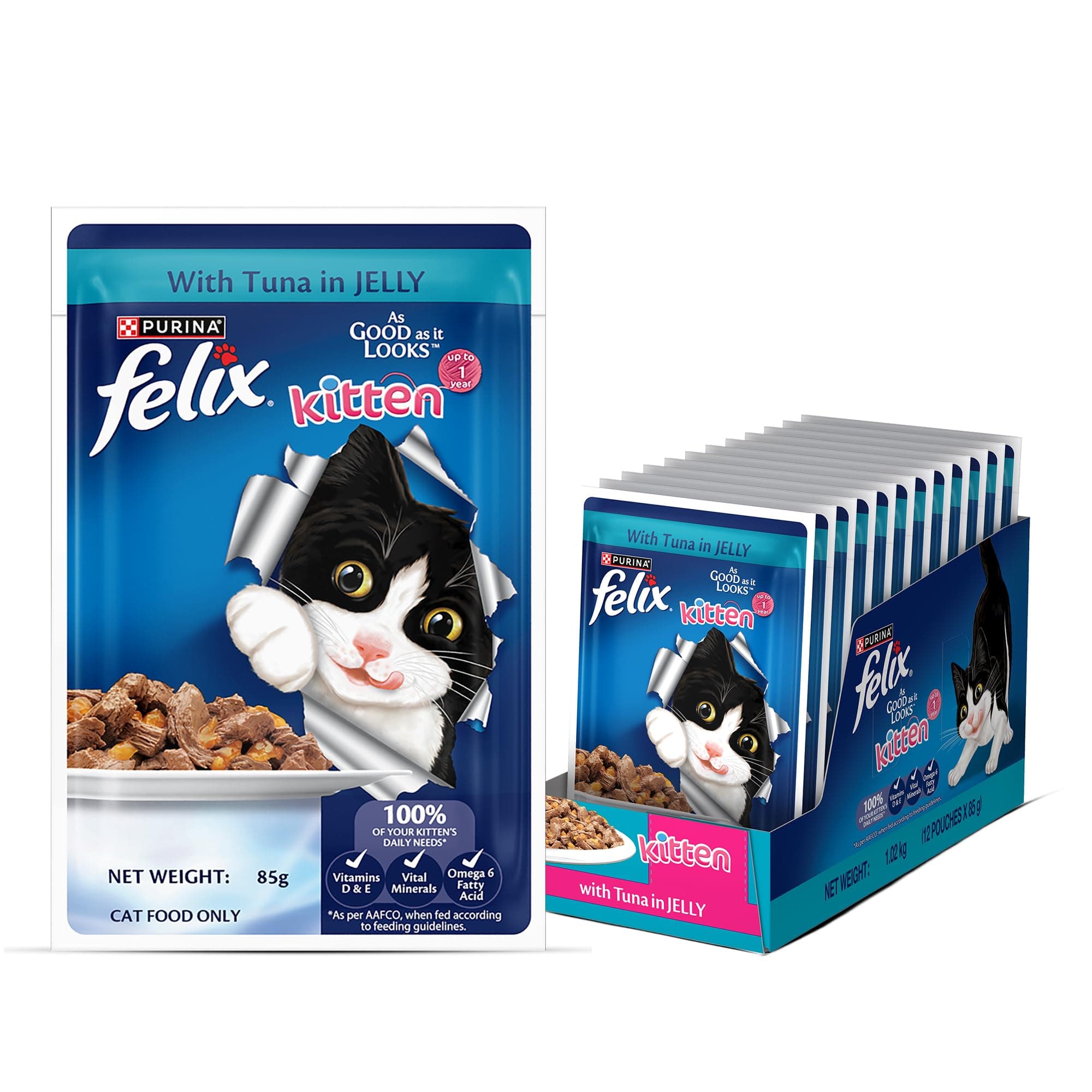 Purina Felix Tuna in Jelly, Wet Food for Kittens, Pack of 12 (12x85g)