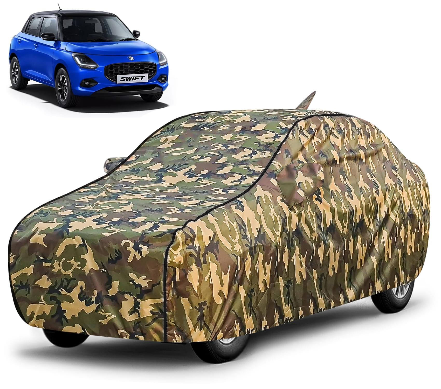 FABTEC Waterproof Car Body Cover for Maruti Swift New 2024 with Mirror and Antenna Pocket, Triple Stitched (Military, Jungle Print, Camouflage Design)