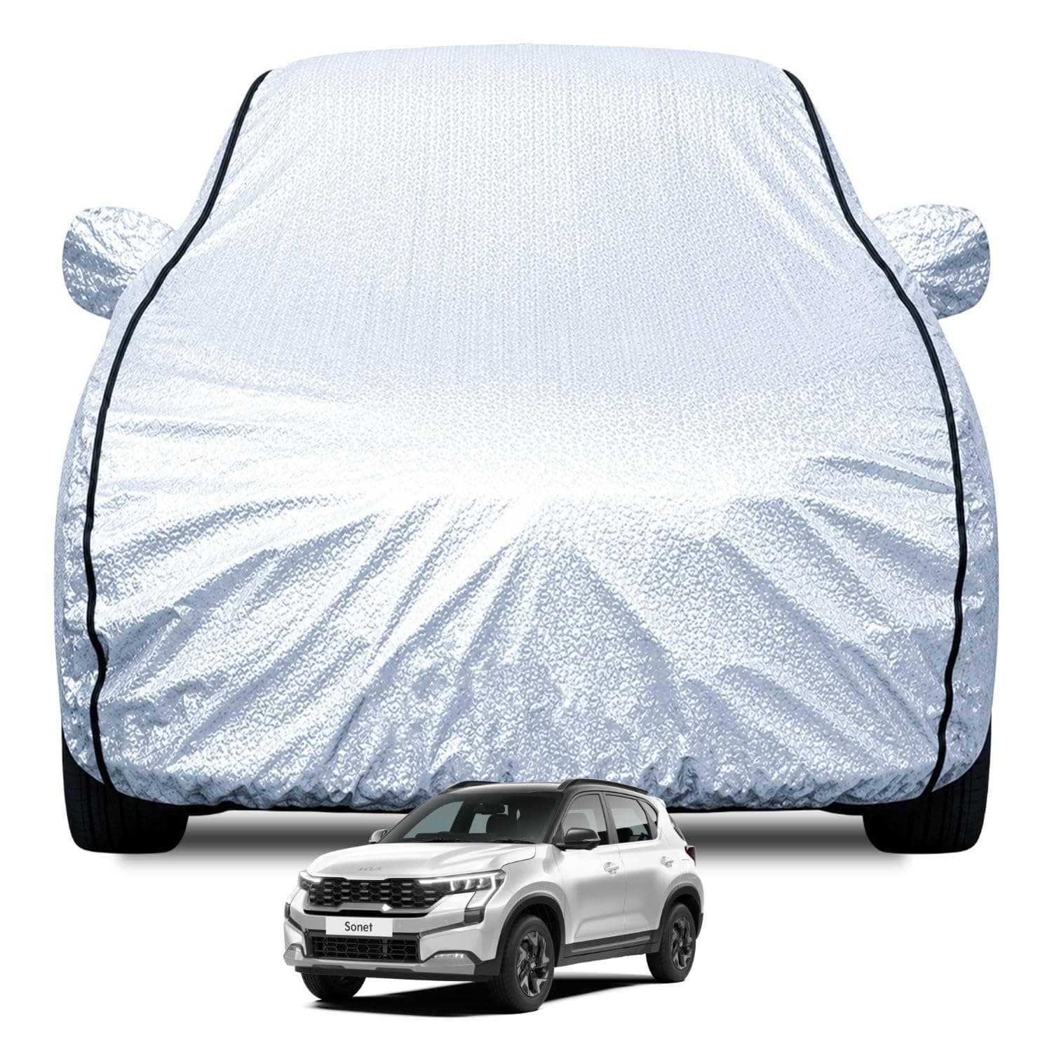 FABTEC Waterproof Car Body Cover for Kia Sonet (2020-2023) with Mirror Pocket, Soft Cotton Lining, Triple Stitched (Heat Resistant Metallic Silver with Black Piping)
