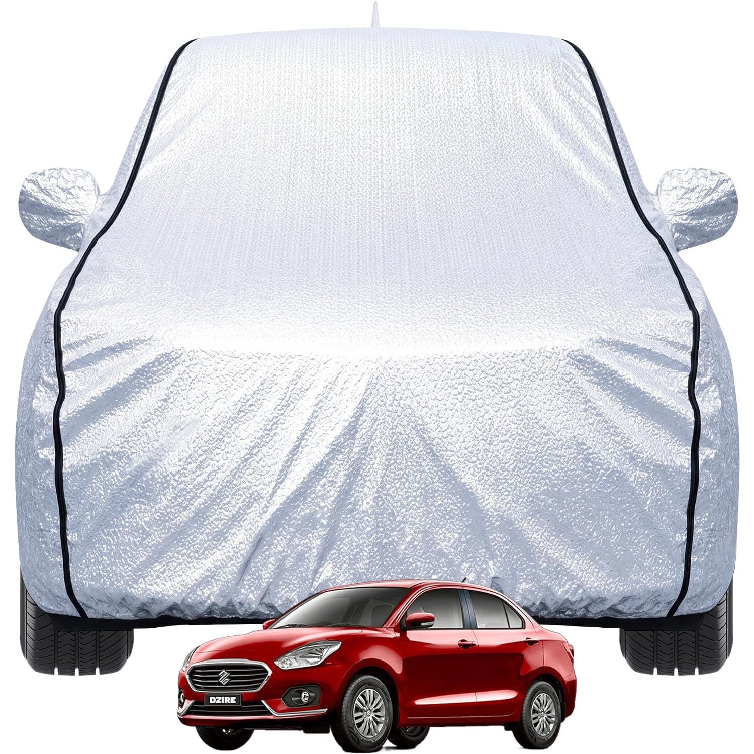 Pivalo Car Cover for Swift Dzire All Model & Years (2008-2026) 100% Waterproof with Mirror & Antenna Pockets Triple Stitched Bottom Elastic Dustproof Full Body Protection (Heat & UV Resistant, Silver)
