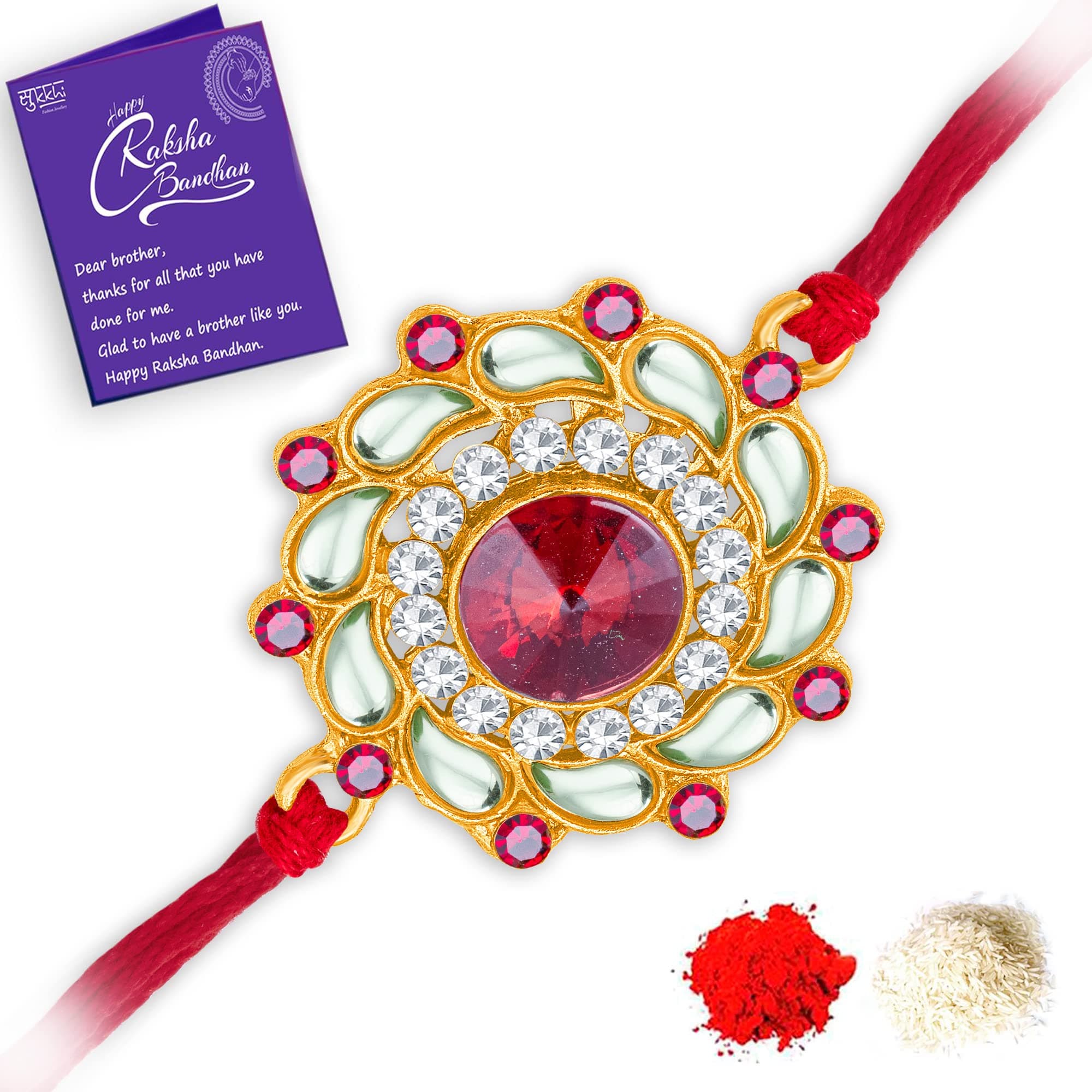 Sukkhi Mens Rakhi for Brother Natural Kundan Designer Gold Plated with Roli Chawal & Greeting Card|RAK104496