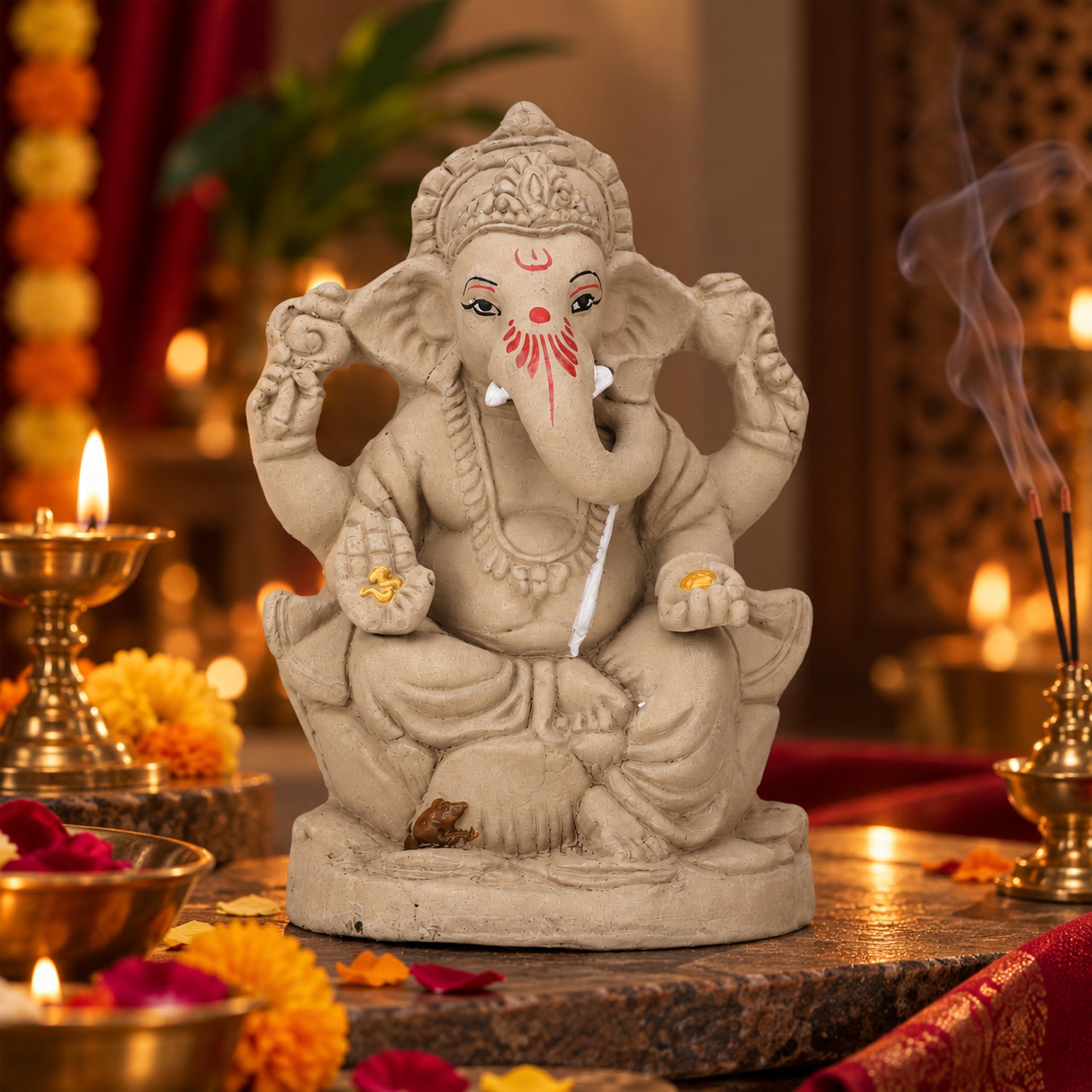 Cycle Pure Navin Clay Ganesha Idol for Ganesh Chaturthi, 8 Inch, Non - Colored | Eco Friendly | 1N Patka & 1 Pack Agarbathi