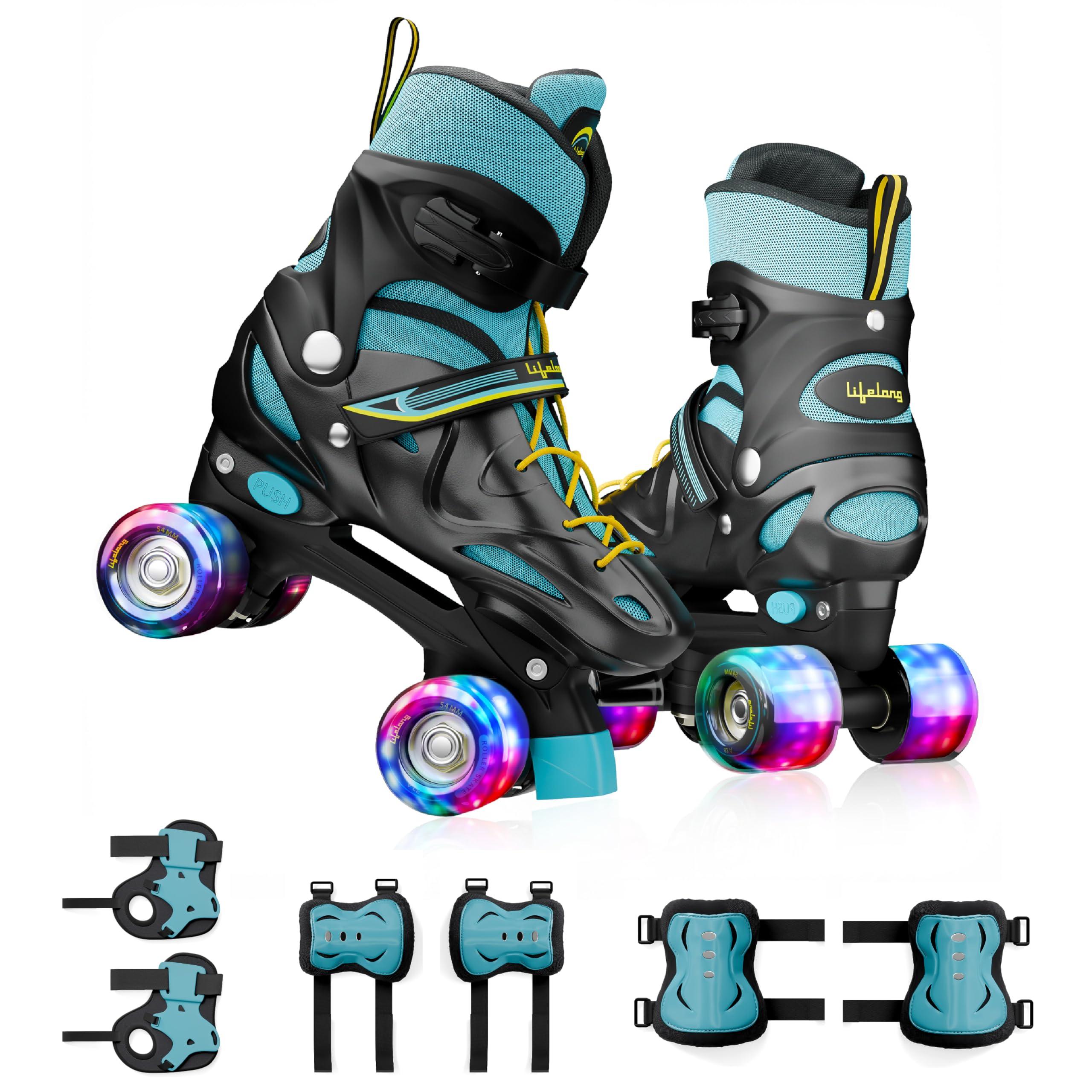 Lifelong Kids Adjustable Skating Shoes with LED Lights – Inline Roller Skating with Adjustable Size, Playful Lighting with Safety Pads, 1 Pair of Skates, Durable Frame – Black, L (24.5-27 cm)