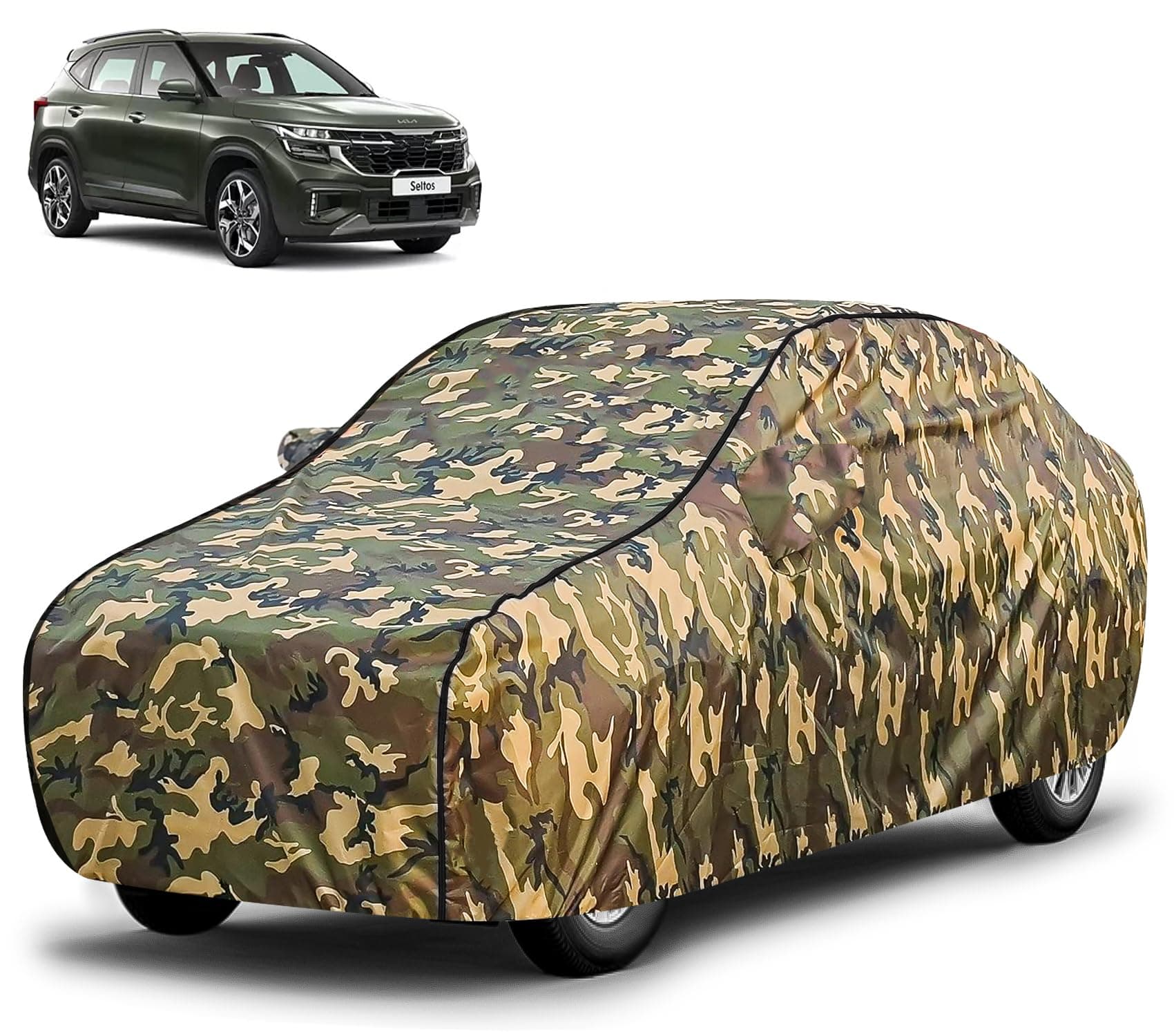 FABTEC Waterproof Car Body Cover for Kia Seltos with Mirror Pocket, Triple Stitched (Military, Jungle Print, Camouflage Design)