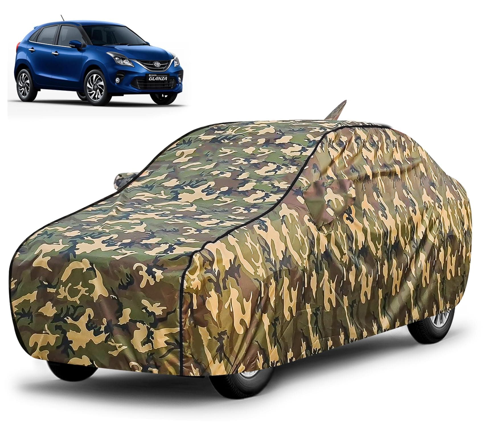 FABTEC Waterproof Car Body Cover for Toyota Glanza with Mirror and Antenna Pocket, Triple Stitched (Military, Jungle Print, Camouflage Design)