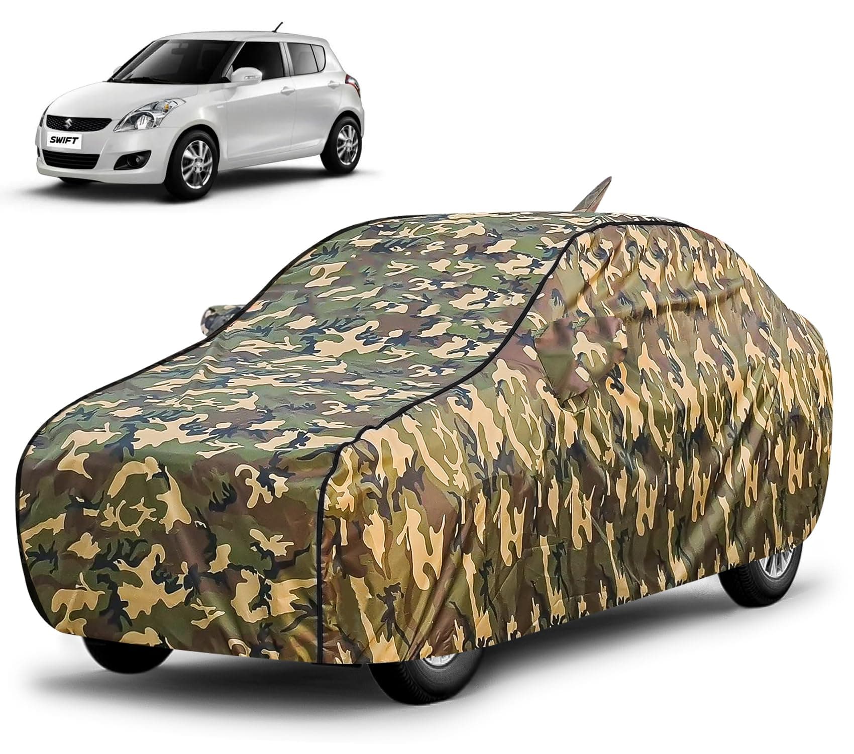 FABTEC Waterproof Car Body Cover for Maruti Swift (2012-2017) with Mirror and Antenna Pocket, Triple Stitched (Military, Jungle Print, Camouflage Design)