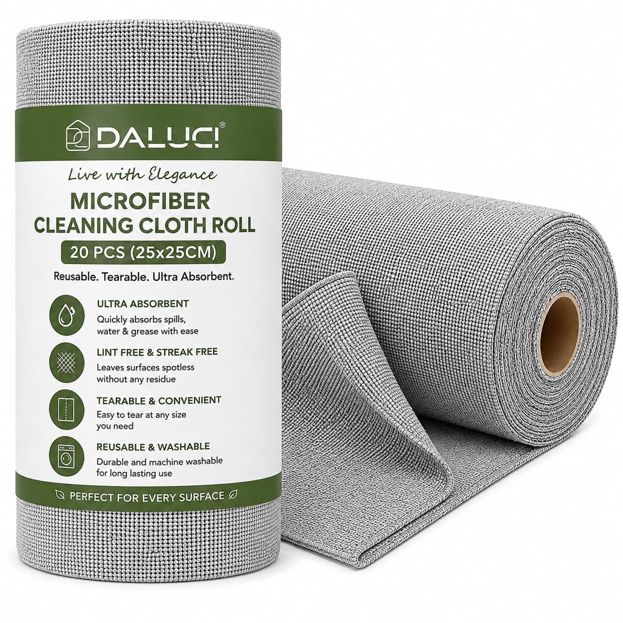 DALUCI Microfiber Cleaning Cloth 40 Pcs X 2 Rolls (25x25CM) | Reusable Tearable Kitchen Cleaning Clothes | Ultra Absorbent Lint Free Washable Cleaning Cloth for Kitchen Home Car