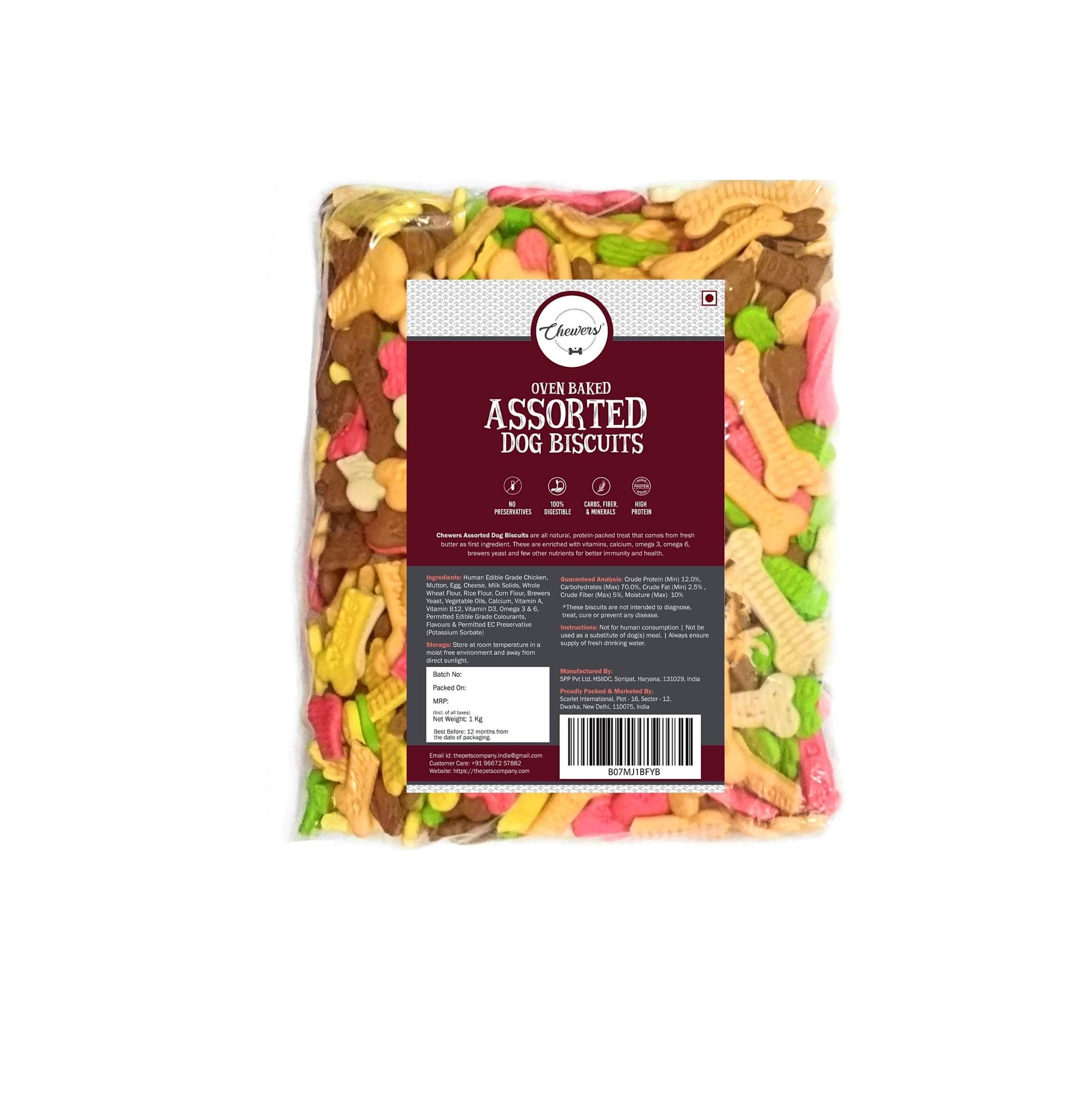 Chewers Oven Baked Assorted Dog Biscuits, Contains Real Chicken, Mutton, Egg, Milk, Cheese & Strawberry, Adult Dog Treat 1 Kg,Pack of 1