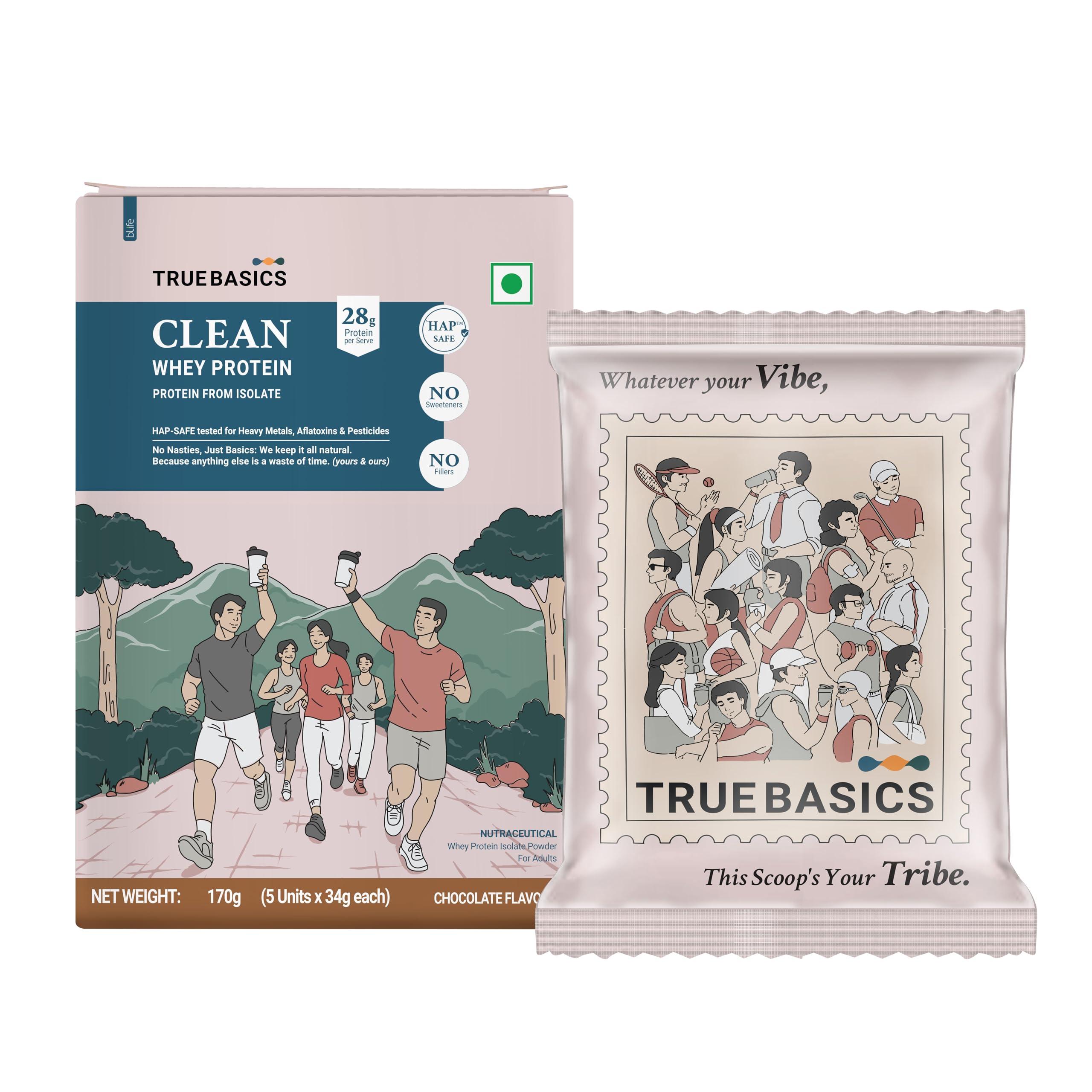 TrueBasics Clean Whey 100% Protein Isolate Powder, Chocolate, 5 Sachets