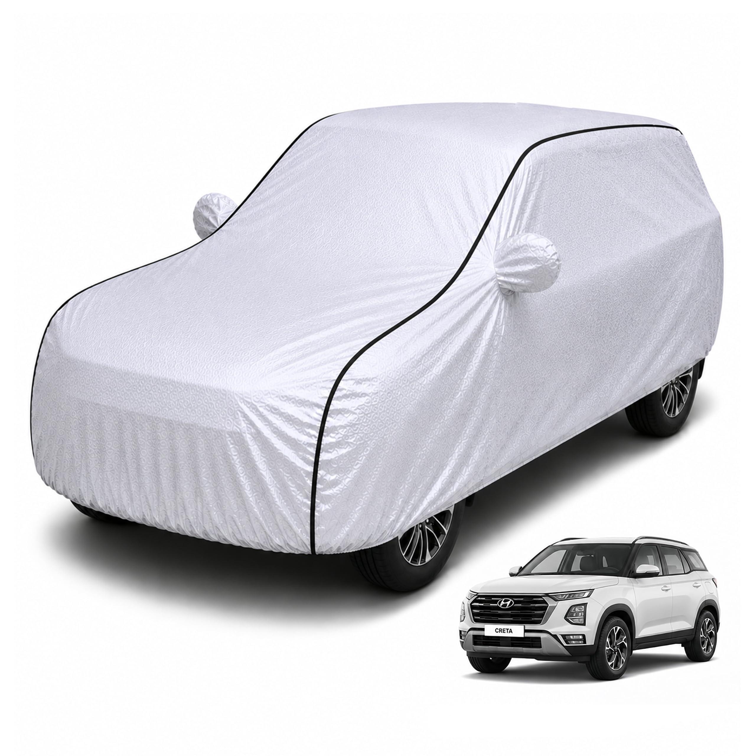 Allextreme Car Body Cover for Hyundai Creta All Models & Years 100% Waterproof Triple Stitched with Mirror Pockets Full Bottom Elastic Dustproof Heat & UV Resistant Full Body Protection (Silver)