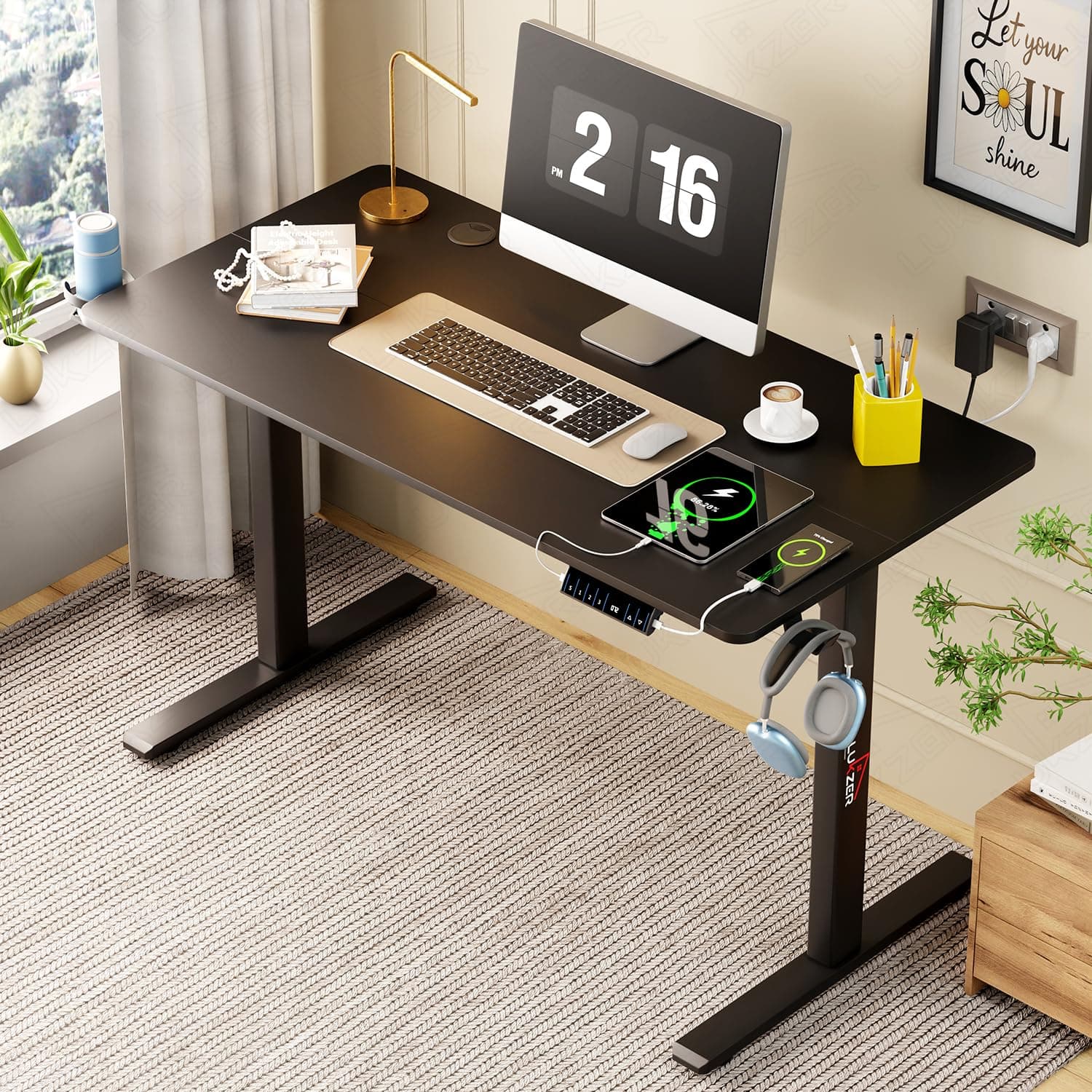 Lukzer Electric Height Adjustable Desk with USB & Type-C Port Ergonomic Work from Home Study Table Digital Display Advance Memory Preset Table (EST-003/UC-Black & Black/120 x 60 cm) 3 Years Warranty