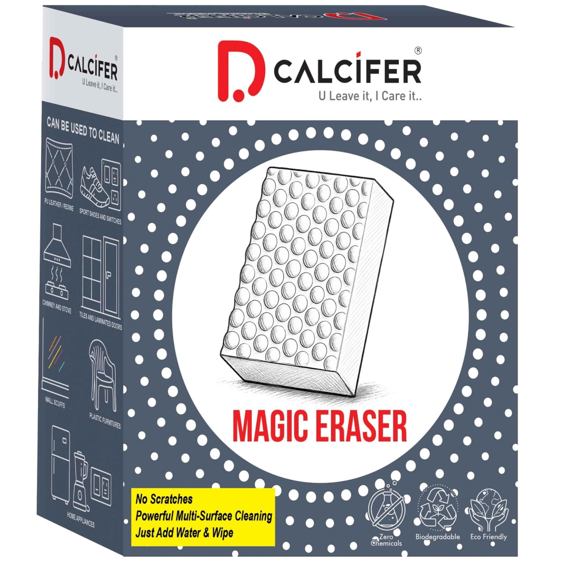 Dcalcifer Magic Eraser | Pack of 4 | Scratch Free Multi - Surface Cleaning Sponge | Removes 100+ Tough Stains | Just Add Water | Removes Wall Marks, Kitchen Grease, Shoe Stains & Switch Board Dirt