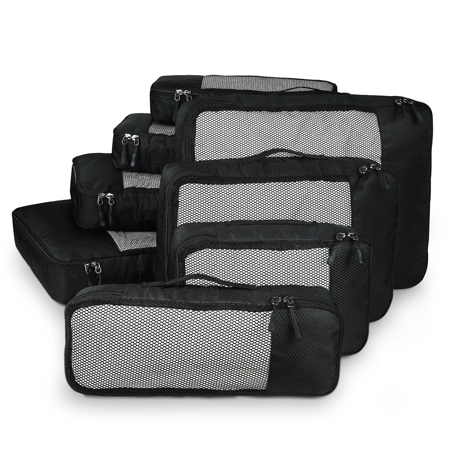 FATMUG Packing Cubes Travel Pouch Bag Organiser Set of 8 (2 x Large, Medium, Small and Slim) - Black(Polyester)