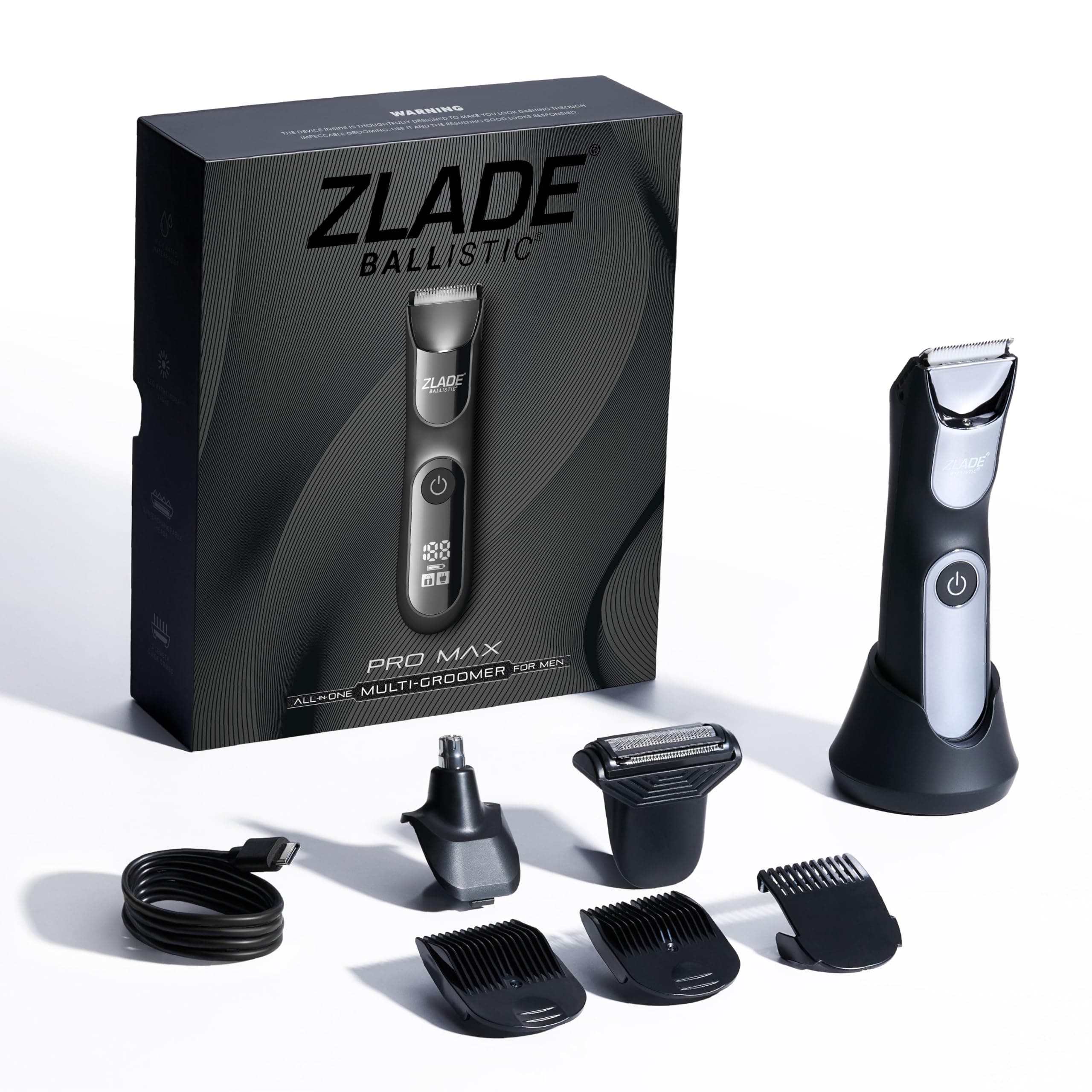 Zlade Ballistic Pro Max All in One Trimmer for Men | Beard, Body, Nose & Ear Trimmer | Body Shaver | 90 Mins Non Stop Runtime | 2 in 1 USB C or Wireless Charging Stand | Battery Indicator Display | Waterproof IPX7