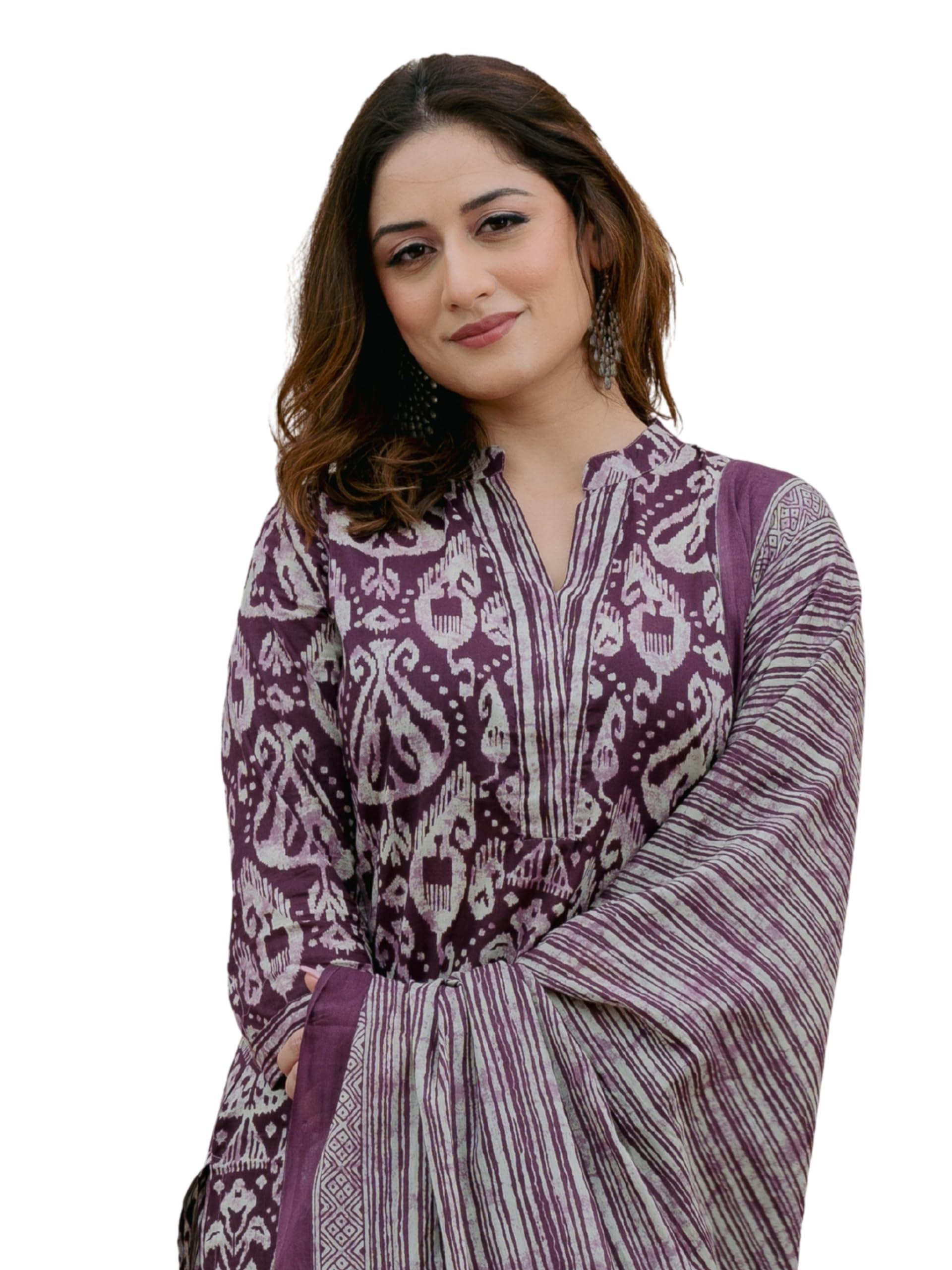 Arayna Women’s 100% Pure Cotton Ikat Printed Ethnic Straight Kurta Pant and Dupatta Set for Women, Plum Purple, Large