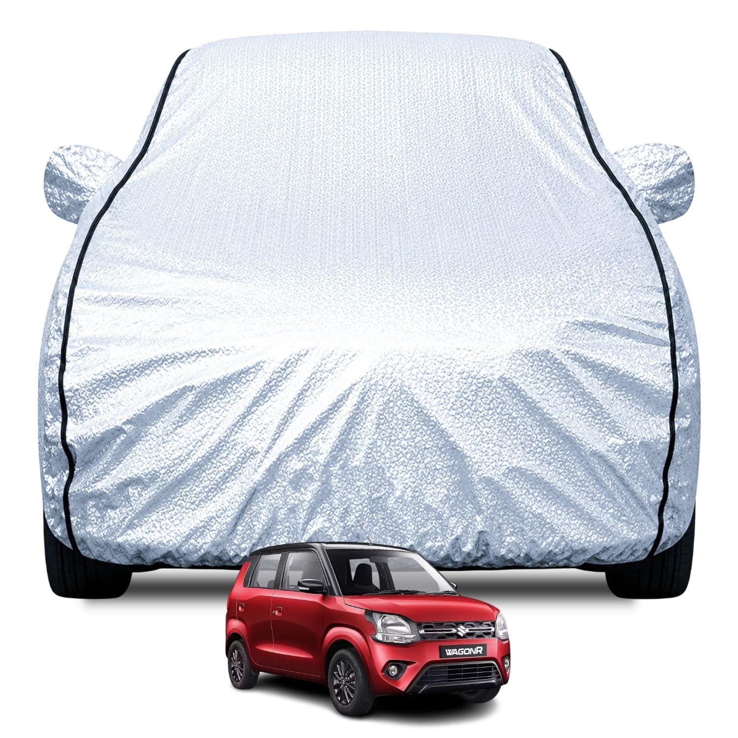 FABTEC Waterproof Car Body Cover for Maruti Wagon R (2010-2018) with Mirror Pocket, Soft Cotton Lining, Triple Stitched (Heat Resistant Metallic Silver with Black Piping)