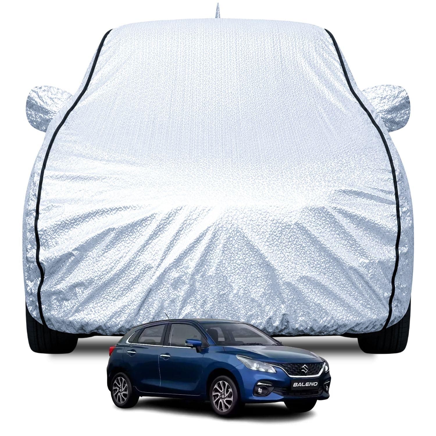 FABTEC Waterproof Car Body Cover for Maruti Baleno New with Mirror and Antenna Pocket, Soft Cotton Lining, Triple Stitched (Heat Resistant Metallic Silver with Black Piping)