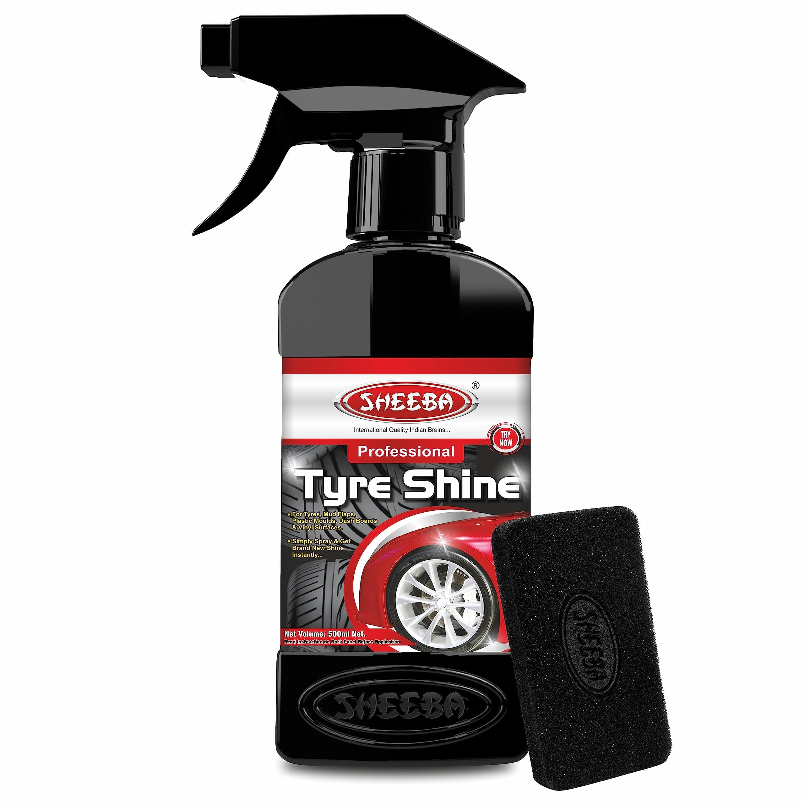 SHEEBA TYRE Shine Polish with Foam applicator pad for Cars & Bikes, Original Back to Black Look, Long Lasting Results, for Rubber, Plastic, Prevents Premature Ageing, Dullness: 500mL.