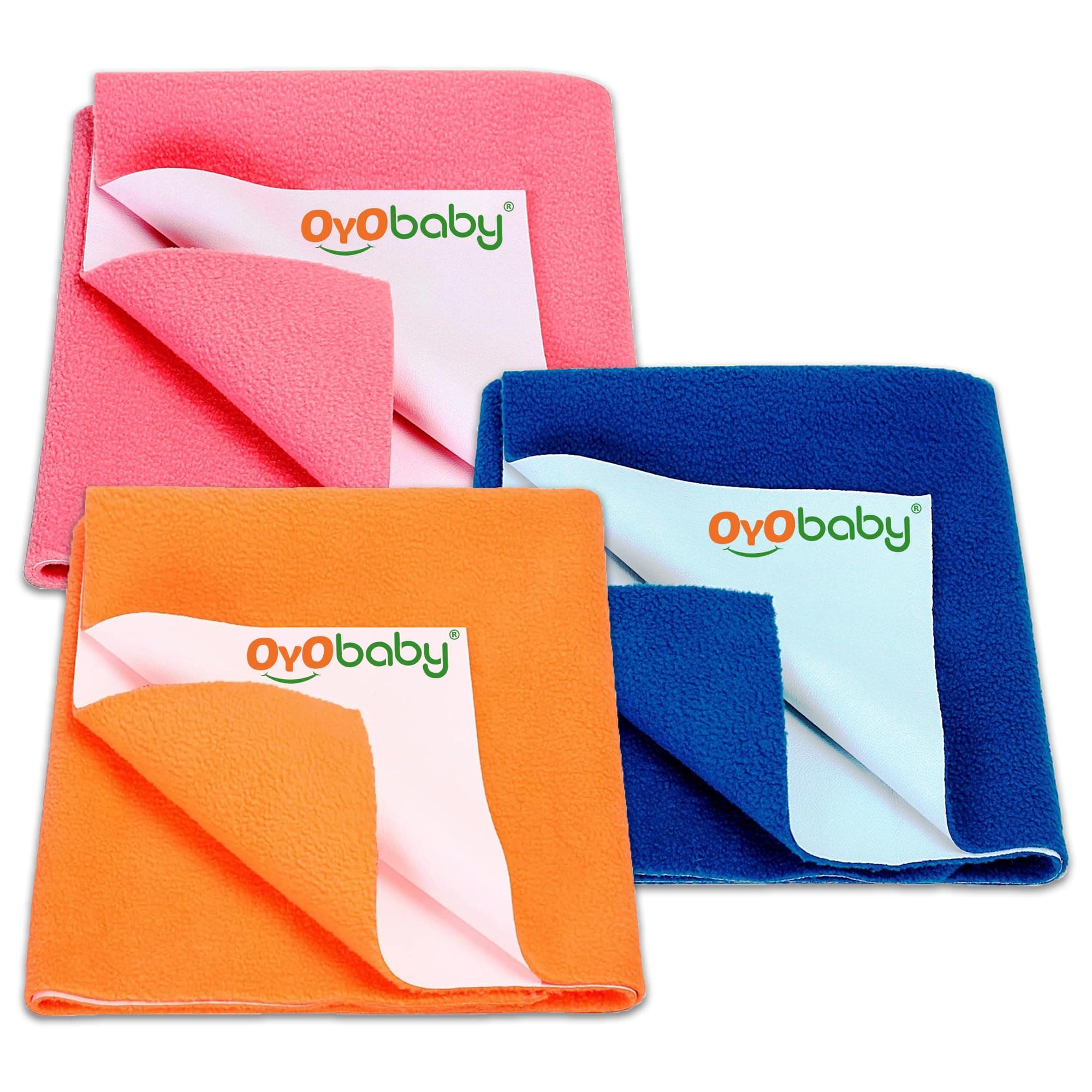 OYO BABY Waterproof Sheet, Extra Absorbent Fastest Dry Sheet for Baby, Anti-Piling Fleece Baby Bed Protector, Medium Size 70x100cm, Pack of 3, Salmon Rose, Royal Blue & Peach