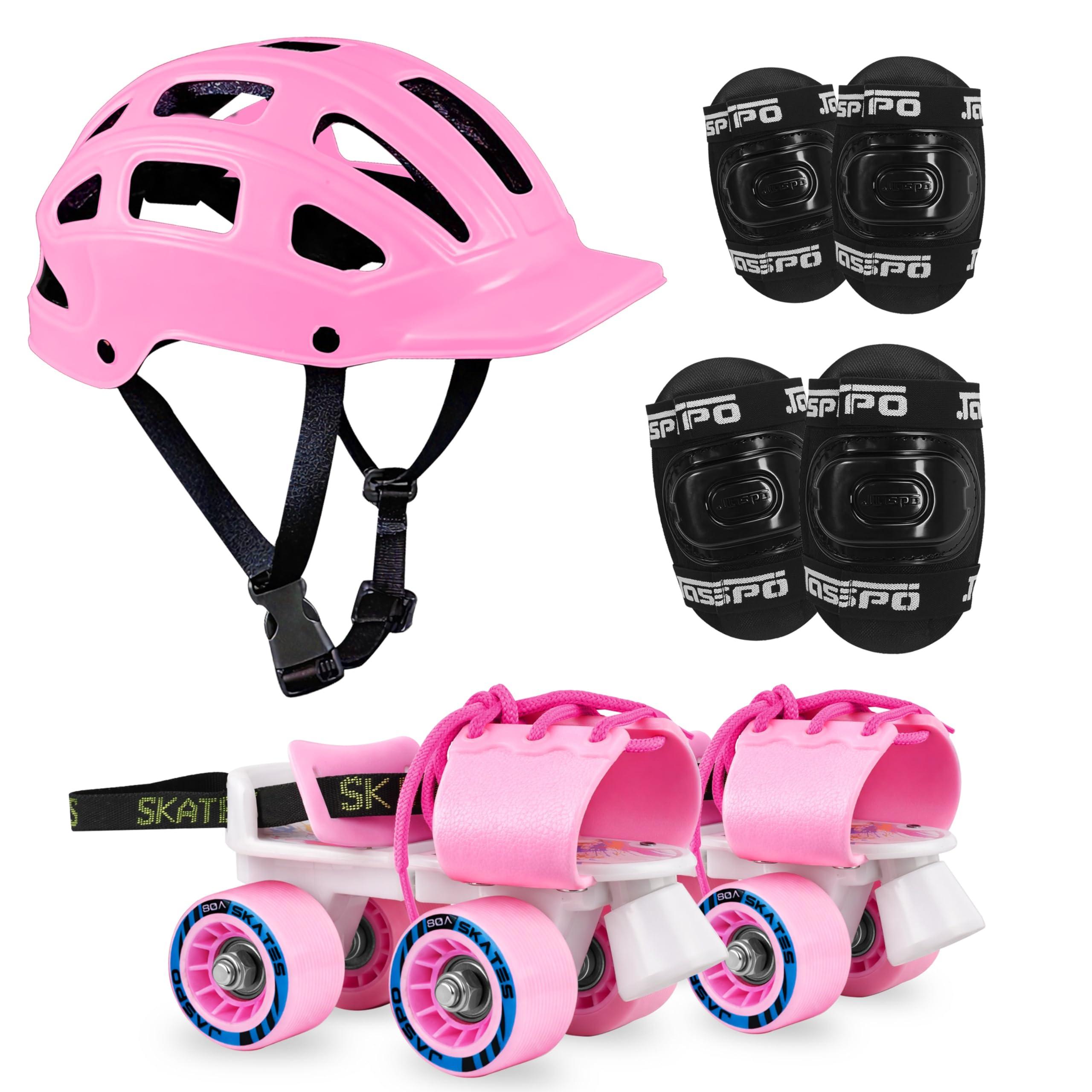 Jaspo Kids Delite Intact Junior Roller Skates Combo (Skates+Helmet+Knee+Elbow) Suitable for Age Upto 5 Years, Adjustable Skates-18 to 21 cms-Color-(Pink)