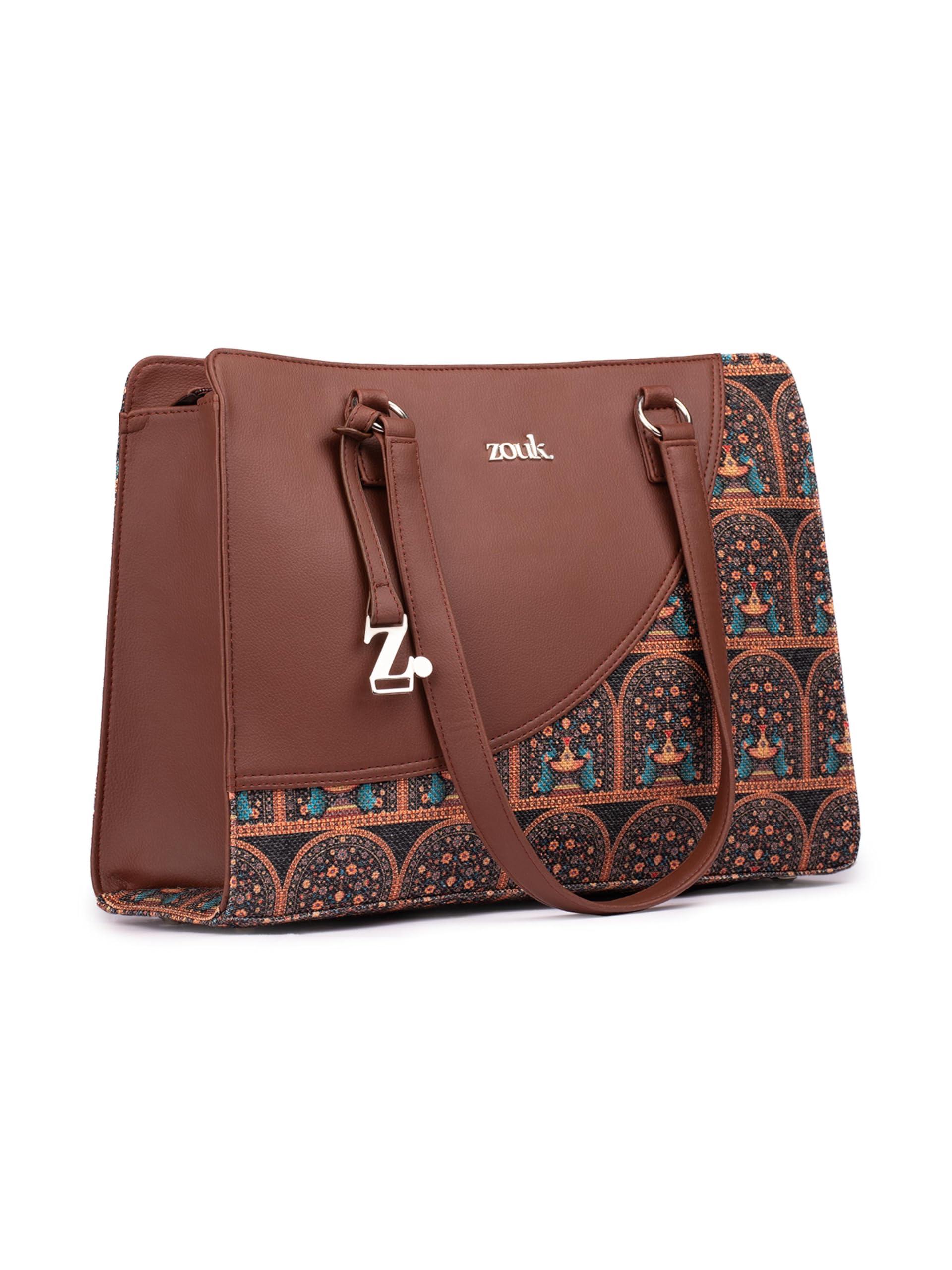 ZOUK Royal Indian Peacock Motif Office Essential Bag | Jute | Vegan Leather Handcrafted Tote Bag With Double Handle Shoulder Strap| Multicolor