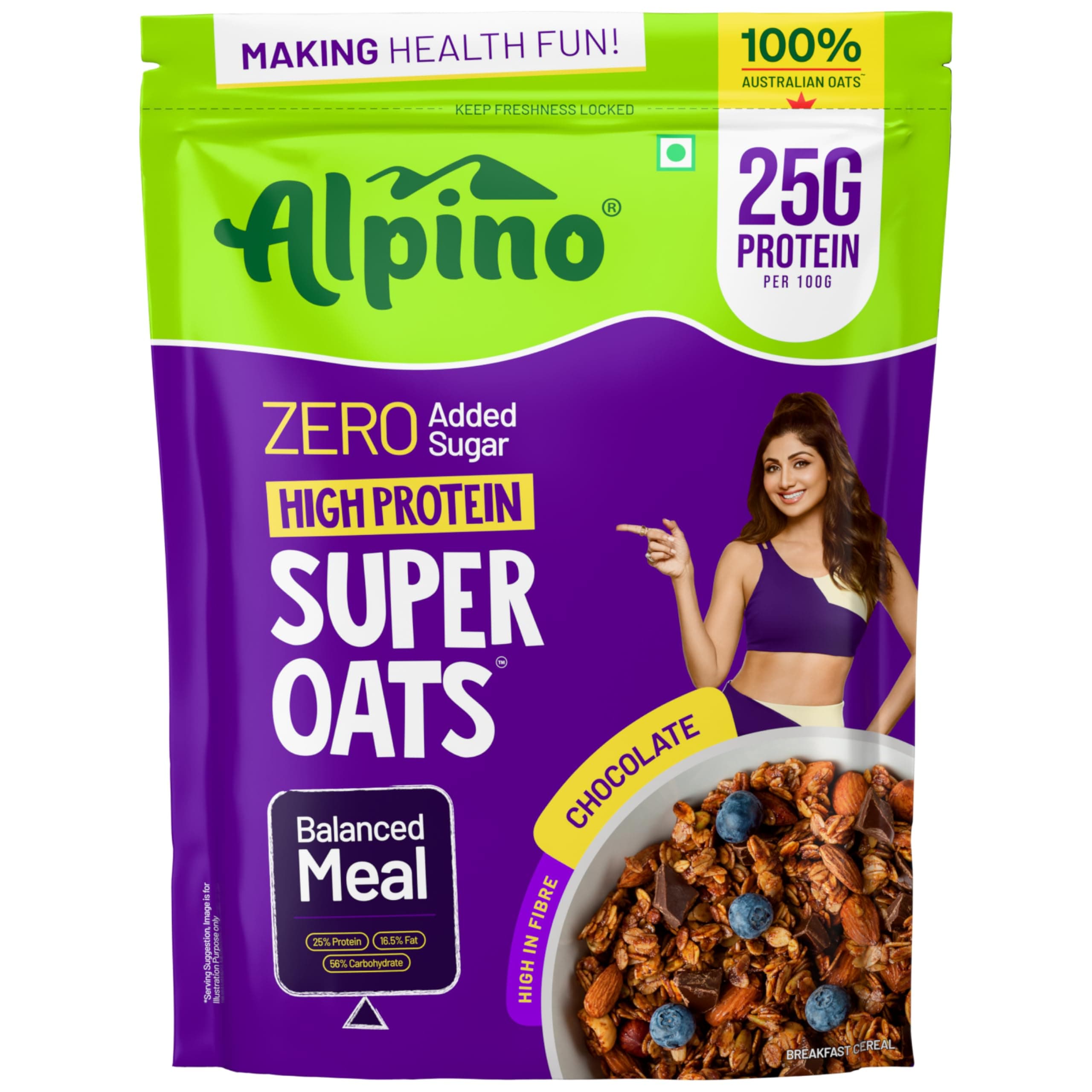 ALPINO 25% High Protein Super Oats Chocolate 1kg – Rolled Oats, Natural Peanut Butter, Cocoa Powder, Nuts & Seeds – 25g Protein, Source of Dietary Fibre & Healthy Fats, No Added Sugar & Salt