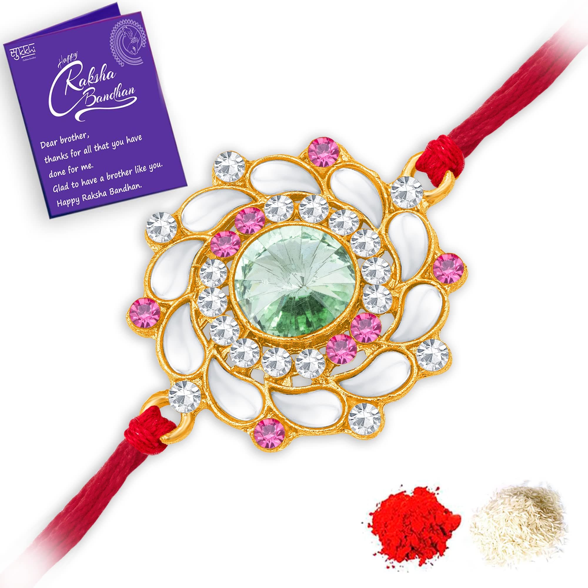 Sukkhi Mens Rakhi for Brother Fashion Kundan Designer Gold Plated with Roli Chawal & Greeting Card|RAK104515