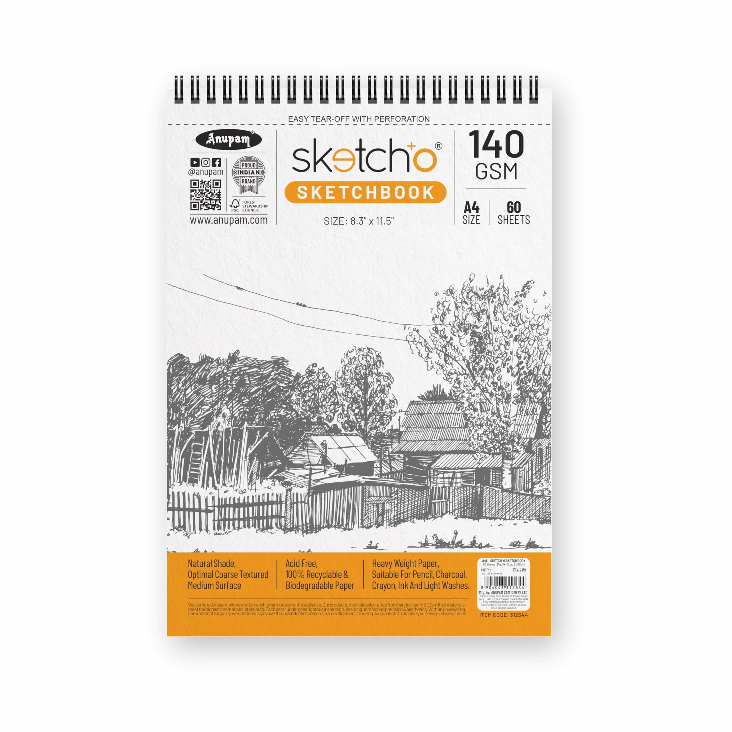 Anupam Sketch-O A4 Sketchbook | 60 Sheets (120 Pages) | 140 GSM Acid-Free Drawing Paper | Professional-Grade Sheets | Top Spiral-Bound Sketch Pad for Artists & Professionals (Pack of 2)