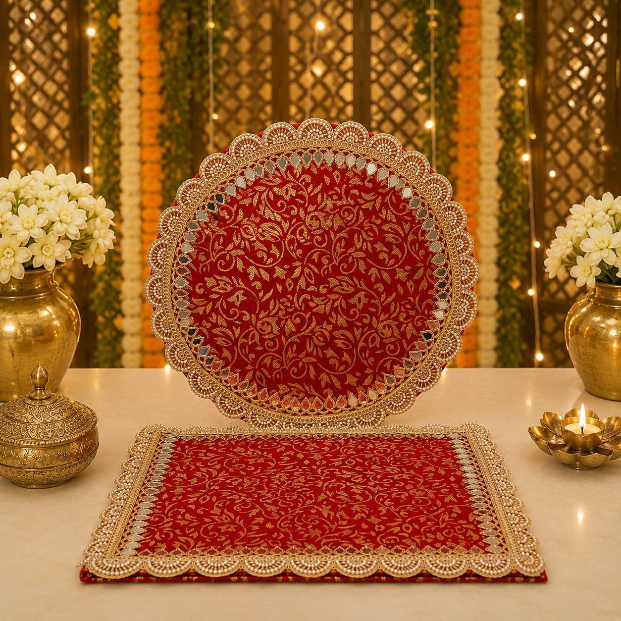 SATYAM KRAFT 1 Pcs Ganpati Singhasan Backdrop Set| Red Gold Mirror Lace Decoration| 31x31 cm Square Round Backdrop with 10x10 cm Clamp| Ganpati Decoration Setup for Home, Ganesh Chaturthi Makhar