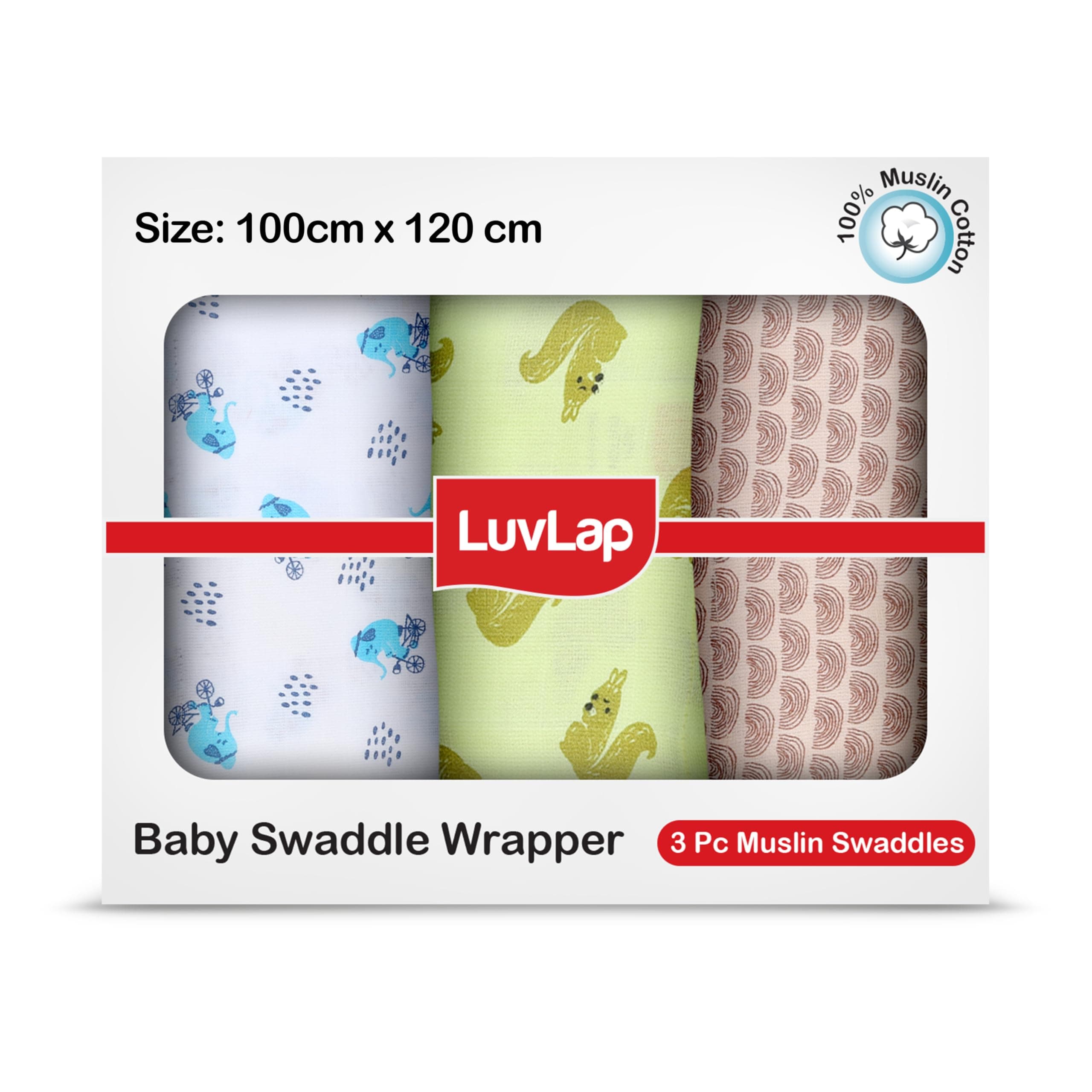 LuvLap 100% Cotton Muslin Baby Swaddle Set, Baby Towel, Size-120cm x 100cm (47"x39"), Elephant Squirrel Print, 0-18 Month+, Printed Mulmal Muslin Swaddle Wrap for New Born, Pack of 3