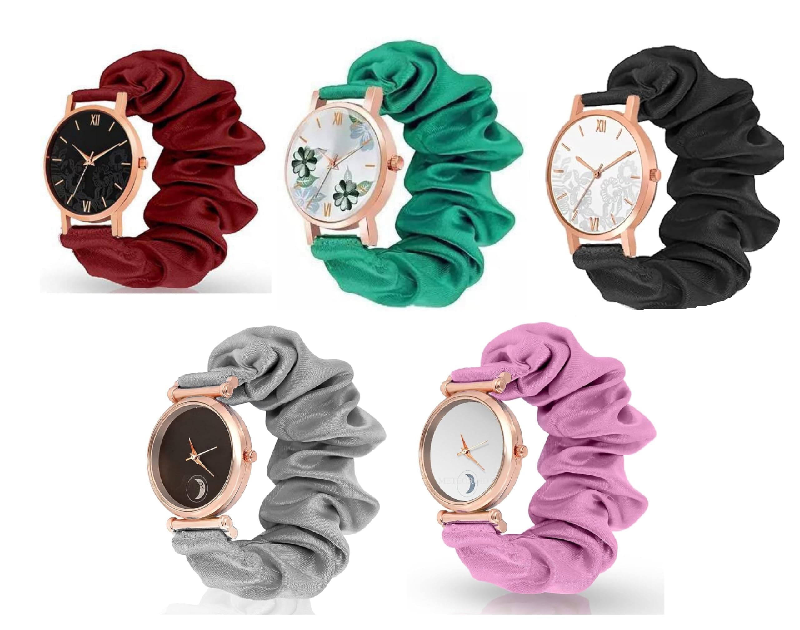 METEOROID Black Analog Dial Scrunchies Watches Strap Cloth Solid Fabric Wristband Watch Elastic Scrunchy Bands Watch for Women & Girls Multicolour (Multicolour (B) Pack of 5)
