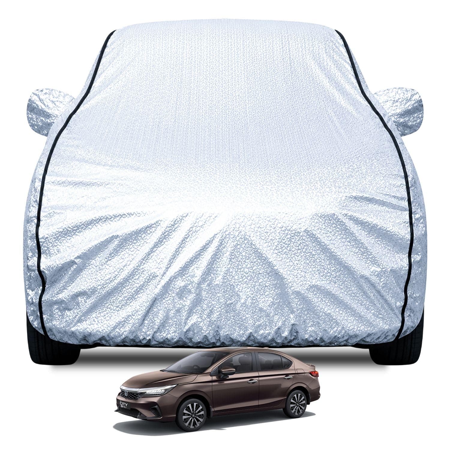 FABTEC Waterproof Car Body Cover for Honda City (2021-2025) with Mirror Pocket, Soft Cotton Lining, Triple Stitched (Heat Resistant Metallic Silver with Black Piping)