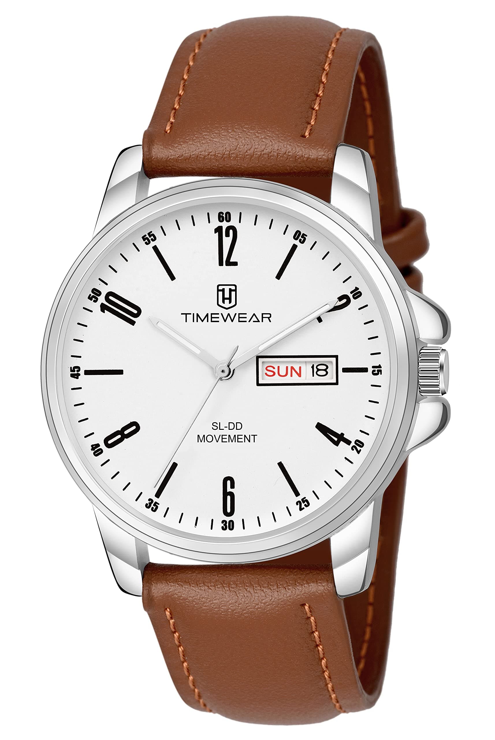 TIMEWEAR Analog New Track White Dial Day Date Functioning Brown Leather Strap Watch for Men