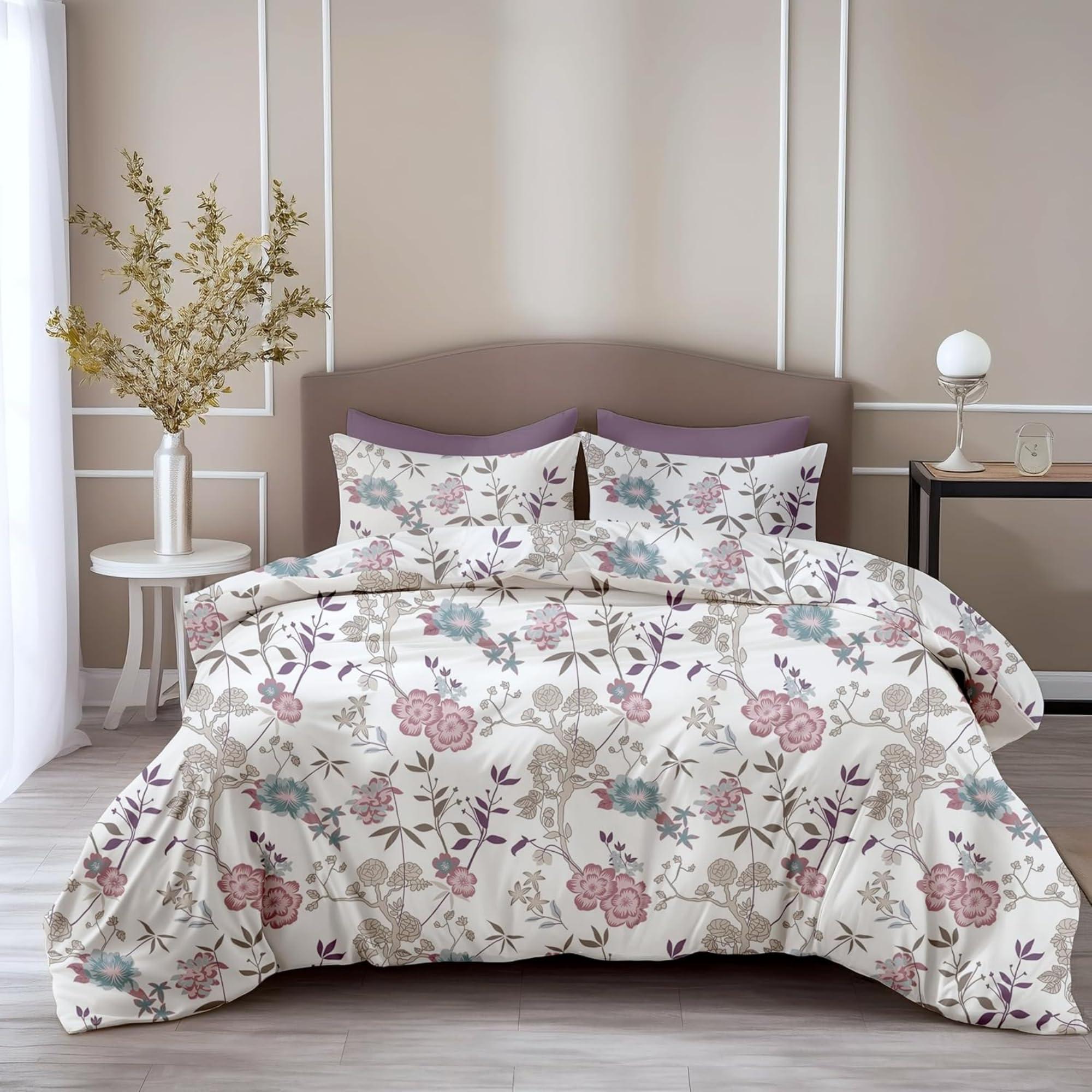 LORETO - A QUALITY LINEN BRAND 100% Pure Cotton Bedsheet for Double Bed, 144TC Soft & Breathable Double Bed Bedsheet with 2 Pillow Covers (Blush Pink & Teal Floral Vines, 88 x 90 Inches)