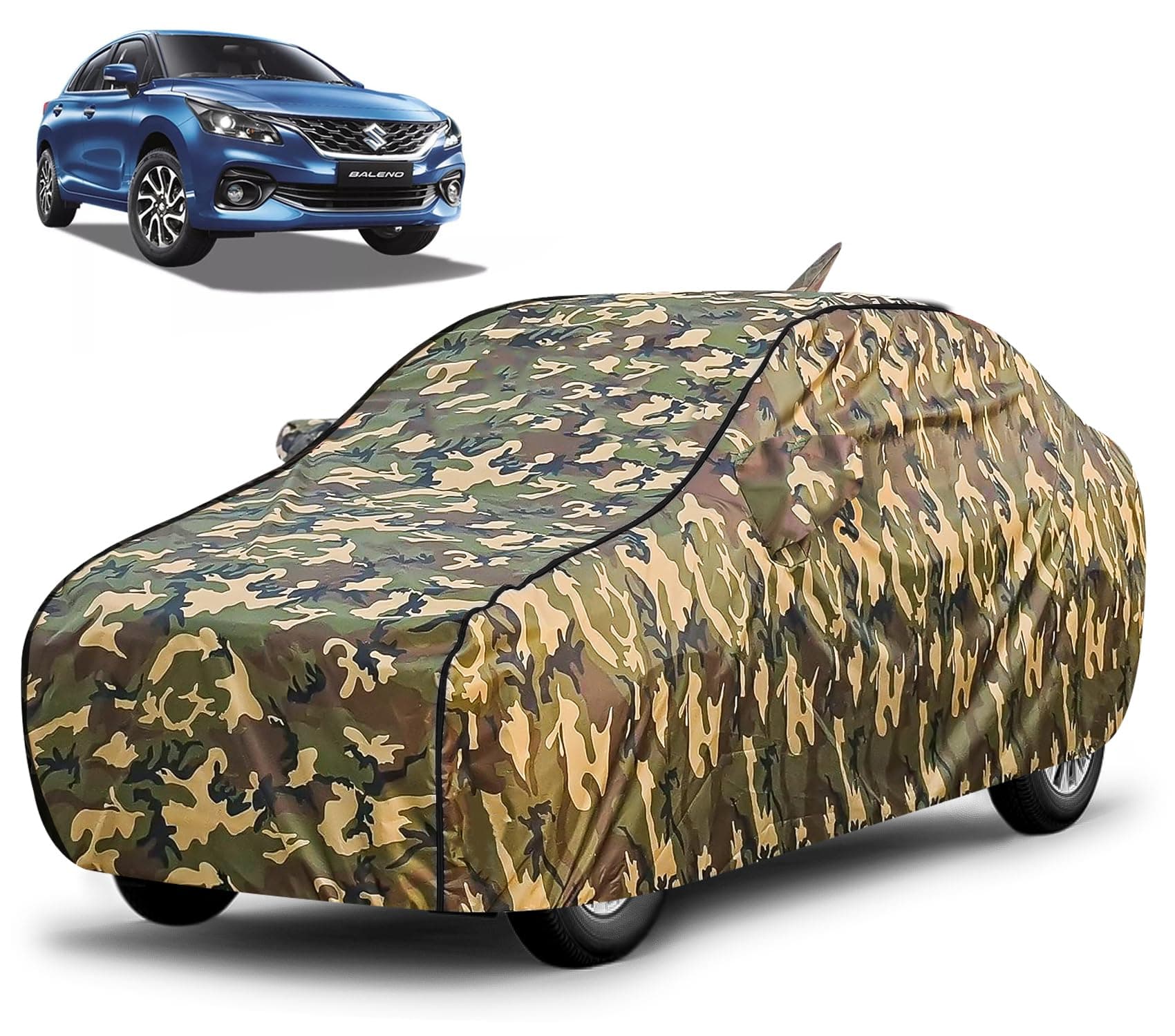 FABTEC Waterproof Car Body Cover for Maruti Baleno New with Mirror and Antenna Pocket, Triple Stitched (Military, Jungle Print, Camouflage Design)