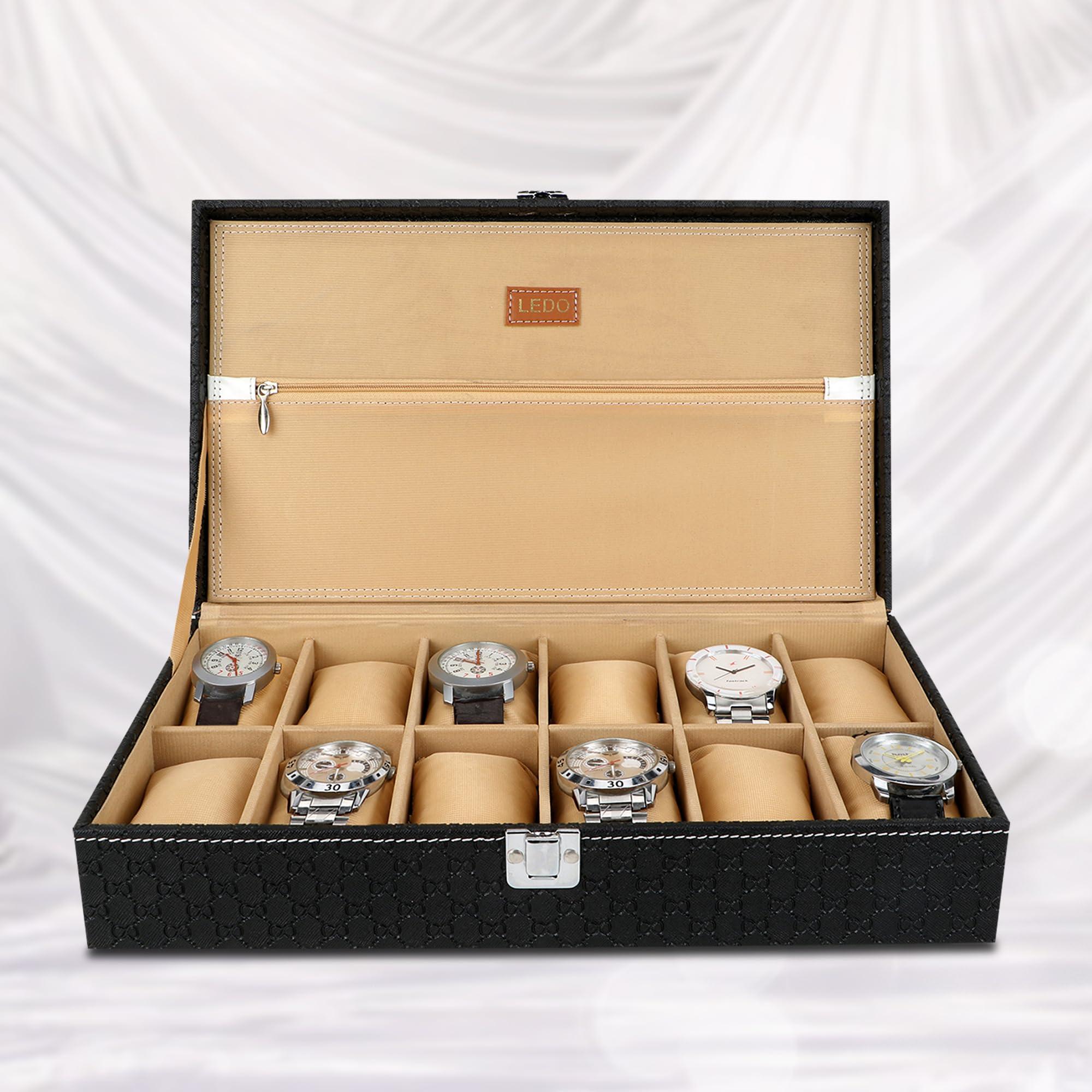 LEDO Men's and Women's Watch Box Holder Organizer Case In 12 Slots of watches In PU Leather with Royal Black & Cream Color with Chain Pocket