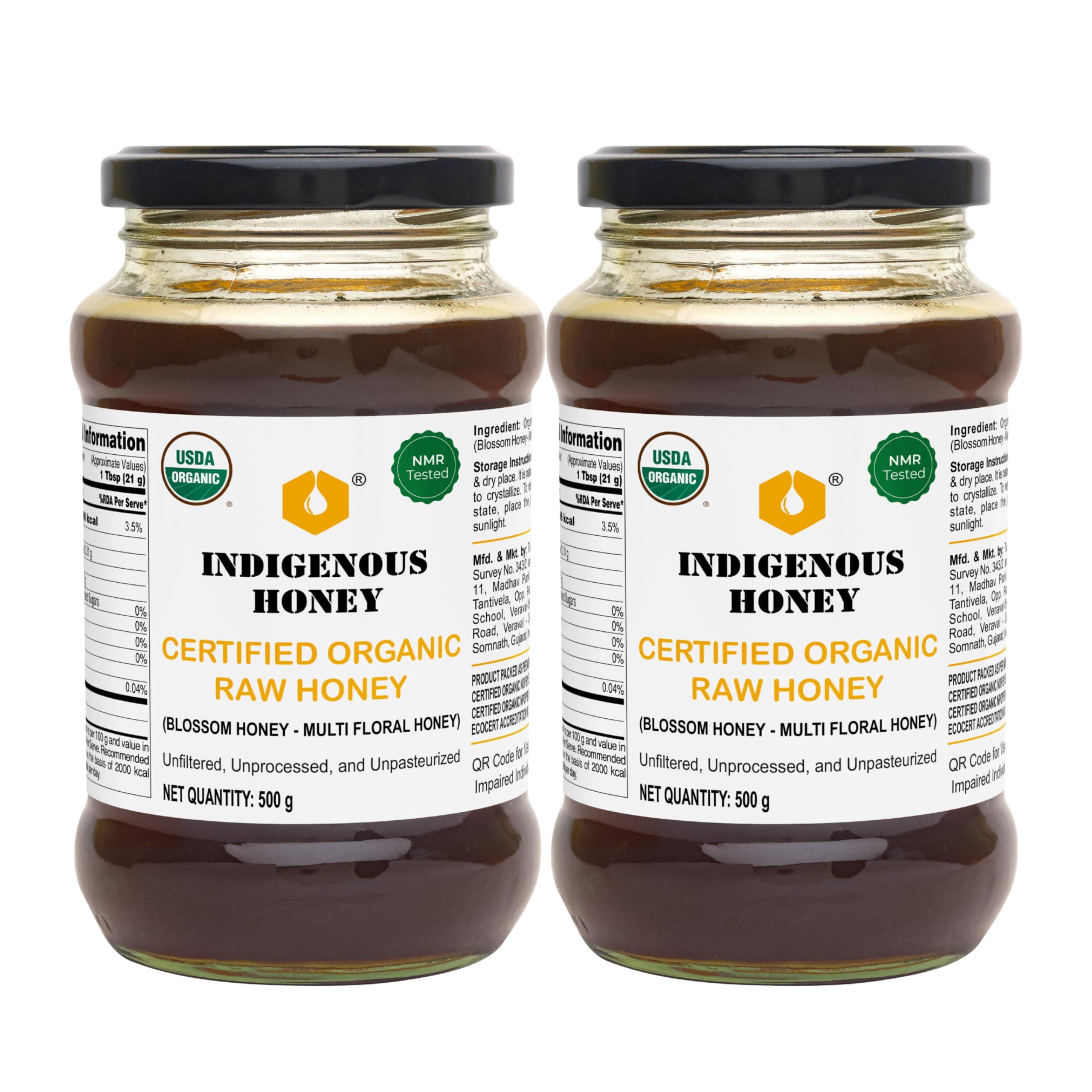 INDIGENOUS HONEY Raw Organic Honey Unprocessed USDA Certified Unfiltered Unpasteurized Pure Natural Original Honey - 500 g Glass Jar (Pack of 2)